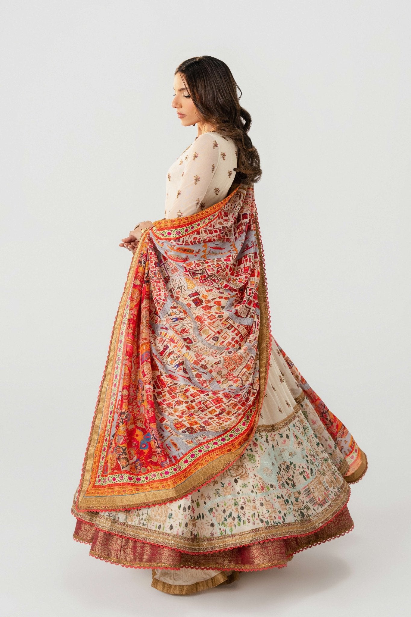 Pakistani Ivory Embroidered Lawn Pishwas Dress (3-Piece) - Image 9