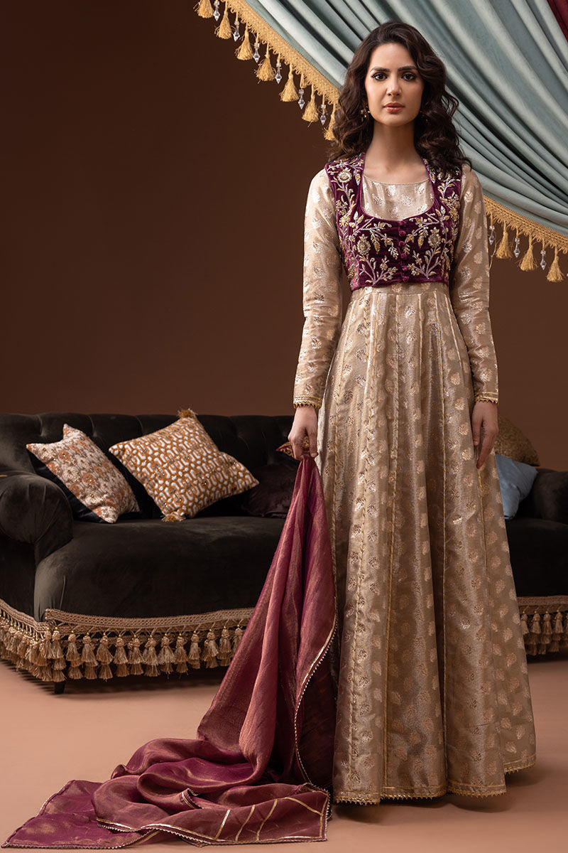 Pakistani Ivory Lurex Pishwas with Mauve Velvet Koti (3-Piece) - Image 1