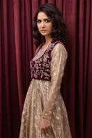 Pakistani Ivory Lurex Pishwas with Mauve Velvet Koti (3-Piece) - Image 7