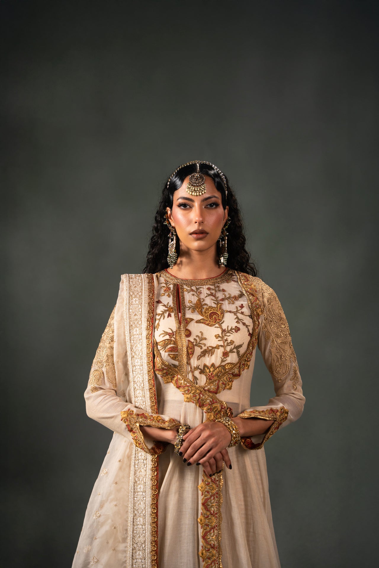 Pakistani Ivory Gold Embroidered Masori Pishwas (3-Piece) - Image 2