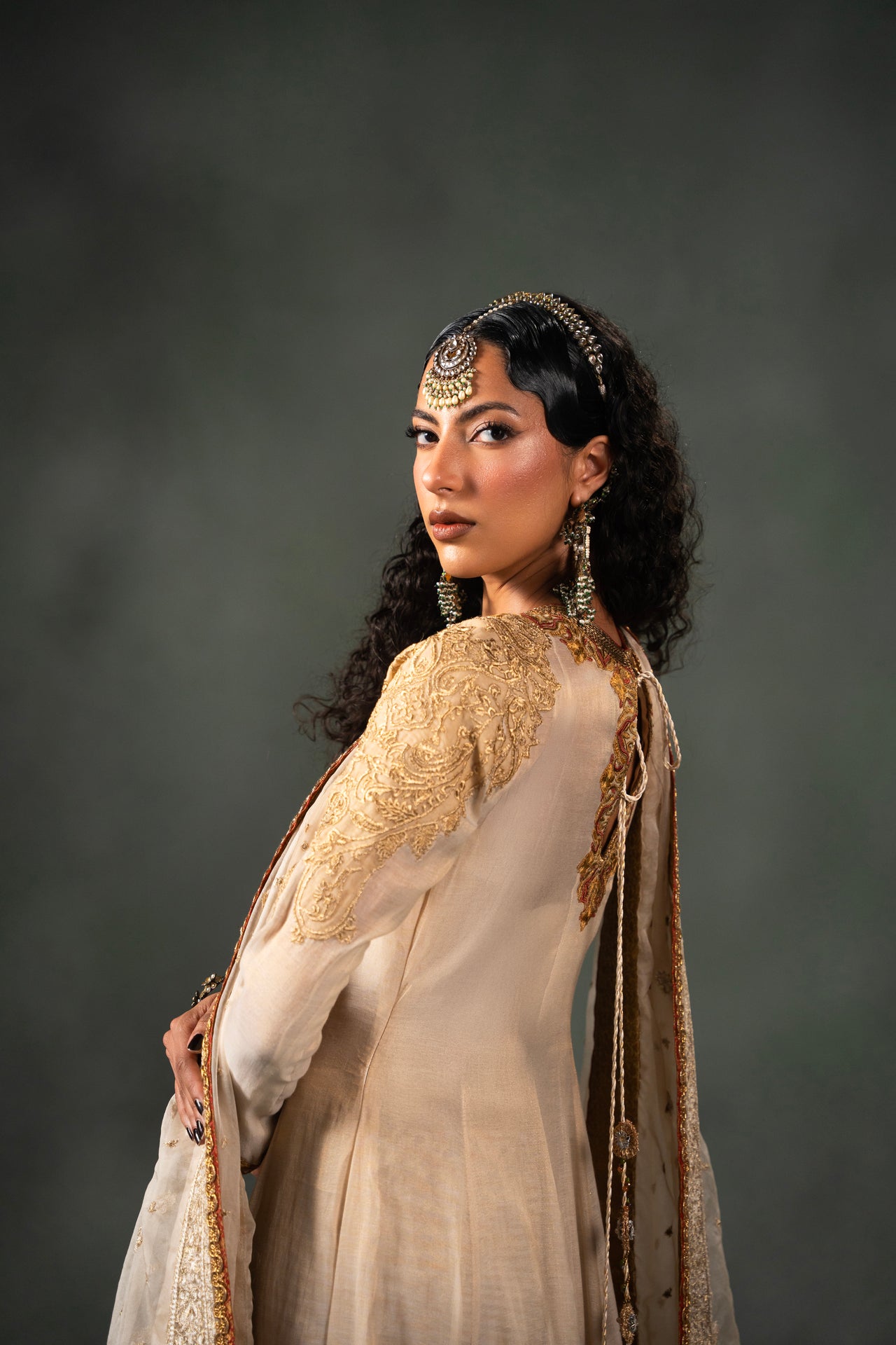 Pakistani Ivory Gold Embroidered Masori Pishwas (3-Piece) - Image 4