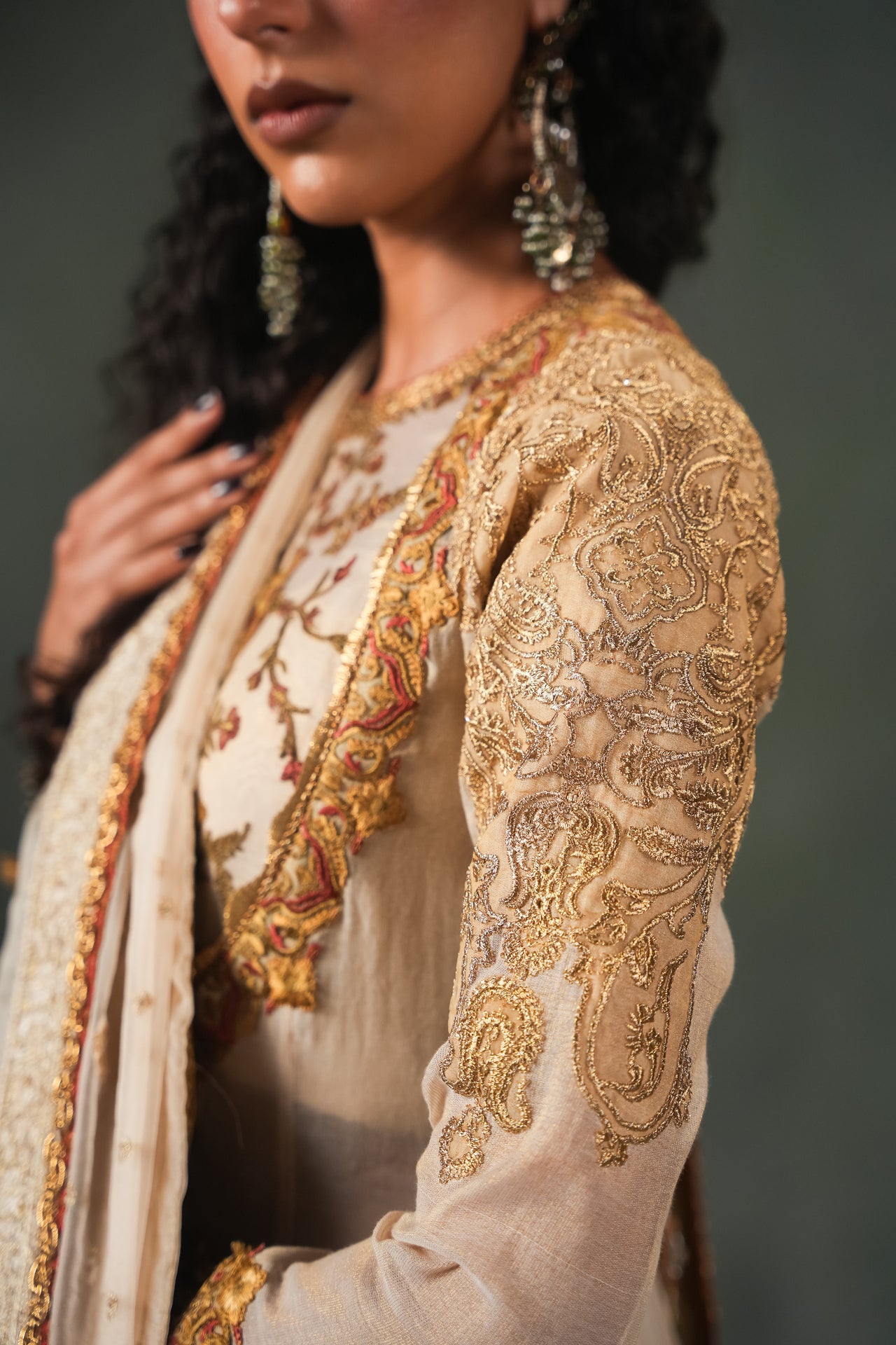 Pakistani Ivory Gold Embroidered Masori Pishwas (3-Piece) - Image 5