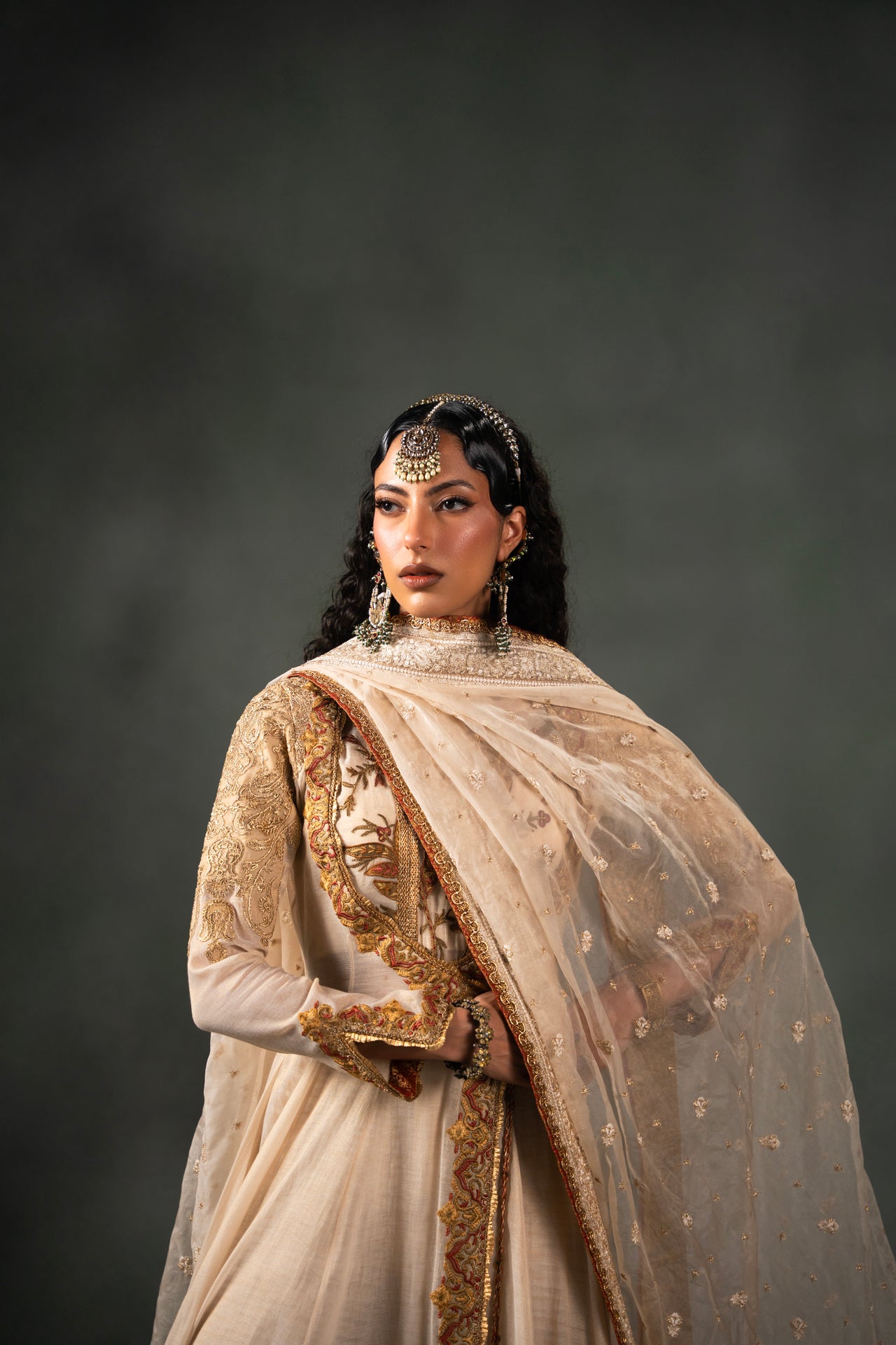 Pakistani Ivory Gold Embroidered Masori Pishwas (3-Piece) - Image 6