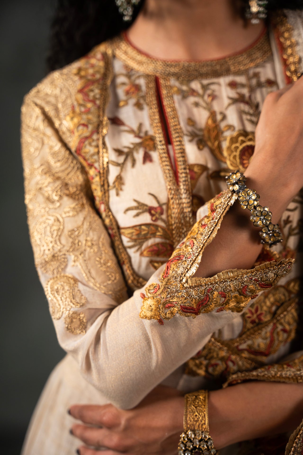 Pakistani Ivory Gold Embroidered Masori Pishwas (3-Piece) - Image 7