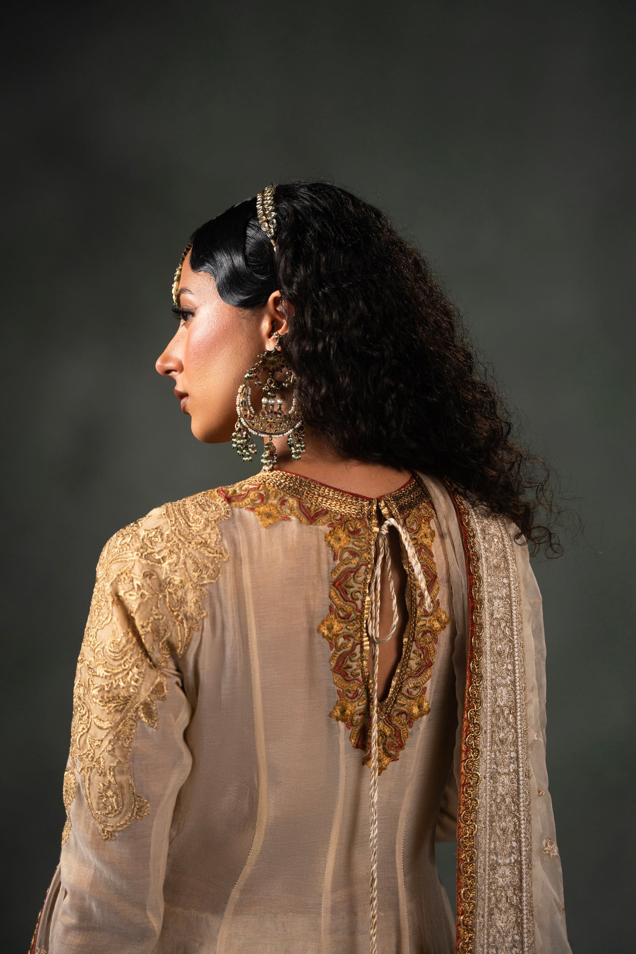 Pakistani Ivory Gold Embroidered Masori Pishwas (3-Piece) - Image 8