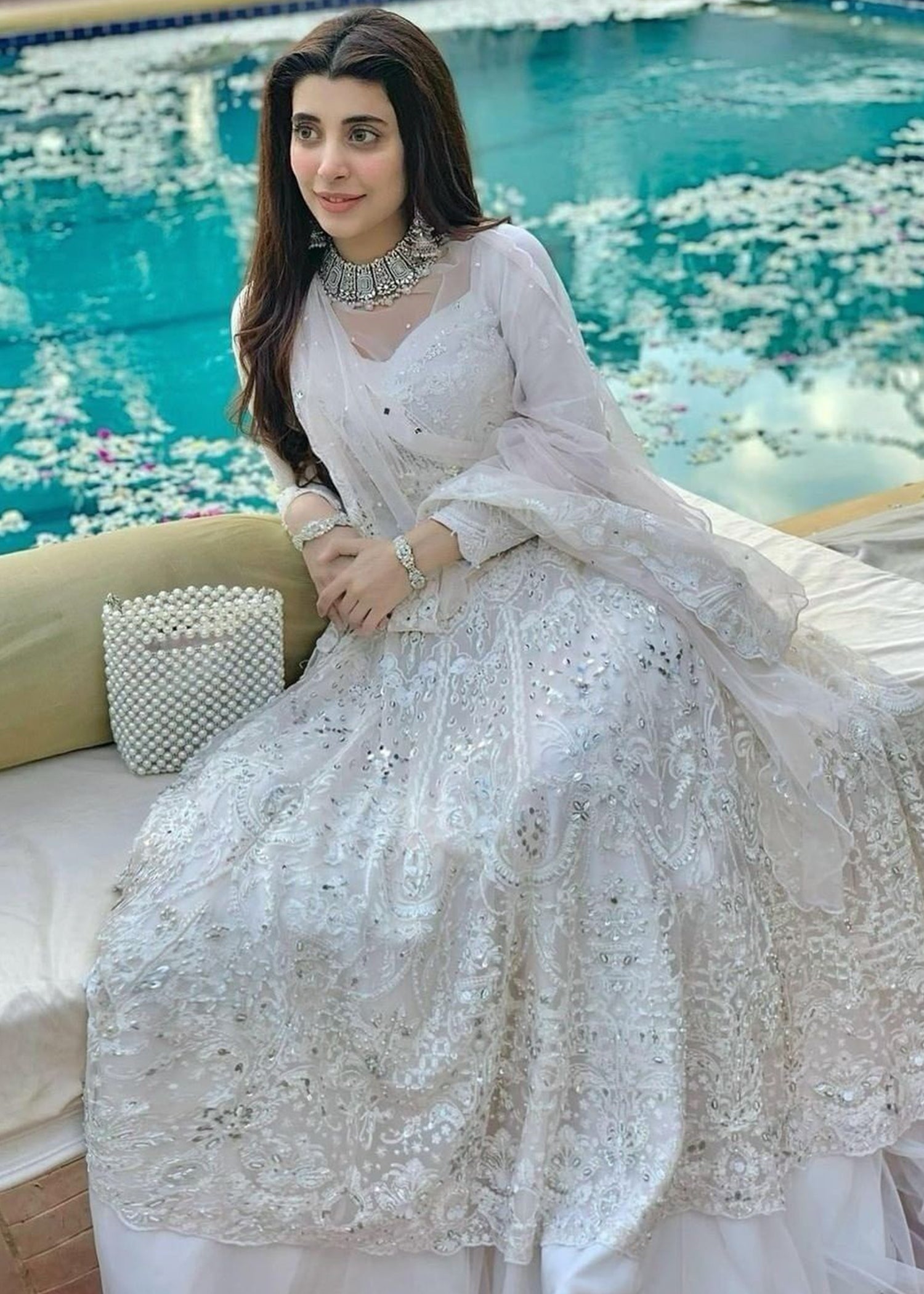 Pakistani Ivory Embroidered Net Pishwas Dress (2-Piece) - Image 2