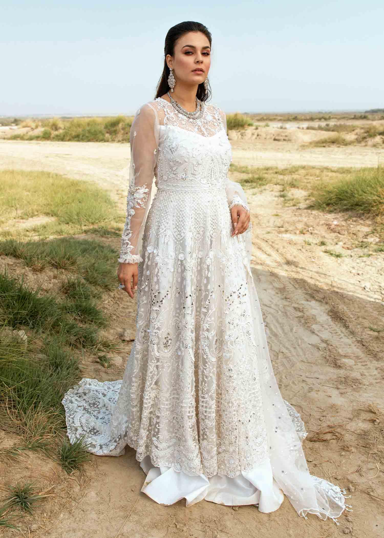 Pakistani Ivory Embroidered Net Pishwas Dress (2-Piece) - Image 4