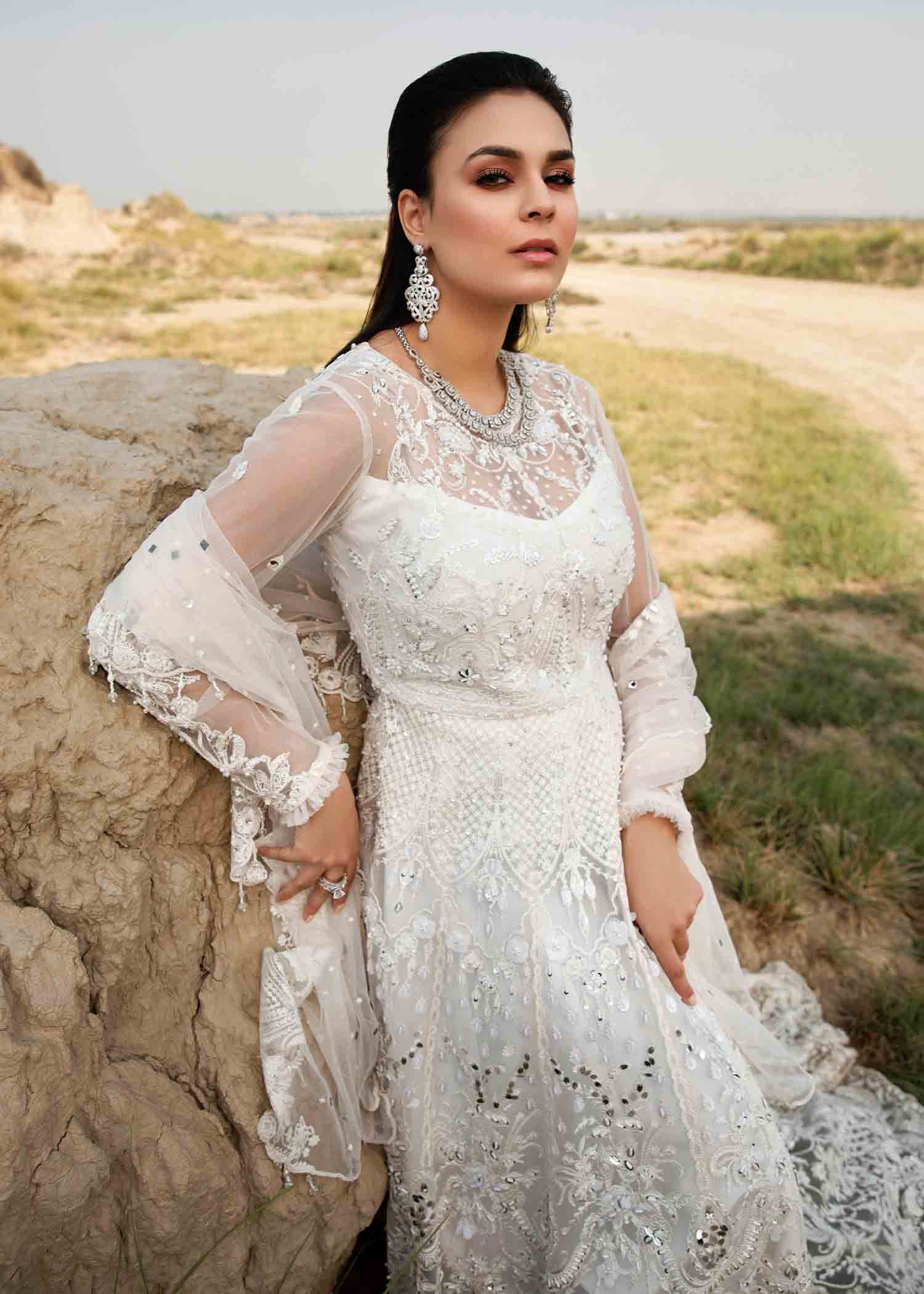 Pakistani Ivory Embroidered Net Pishwas Dress (2-Piece) - Image 6