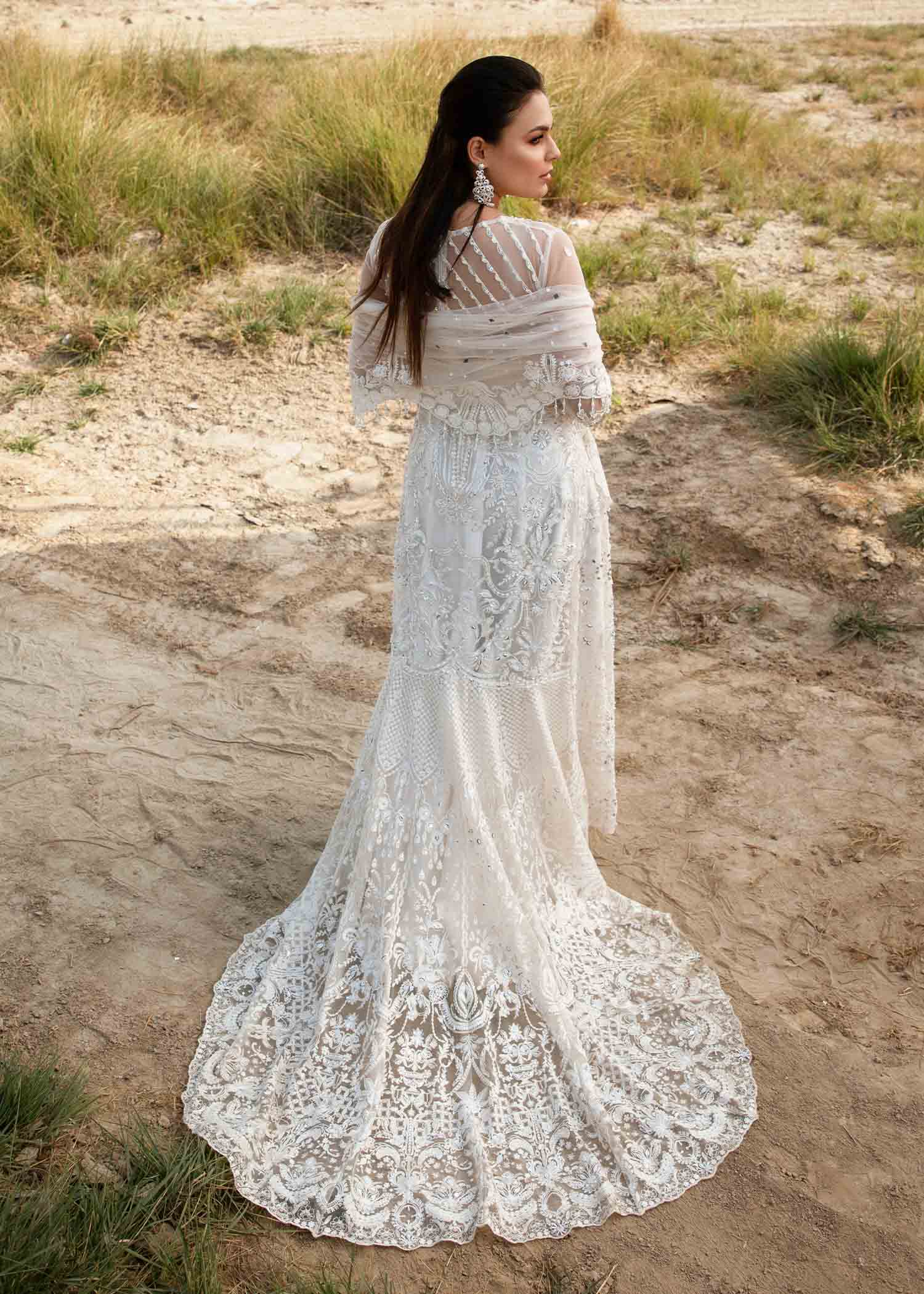 Pakistani Ivory Embroidered Net Pishwas Dress (2-Piece) - Image 7