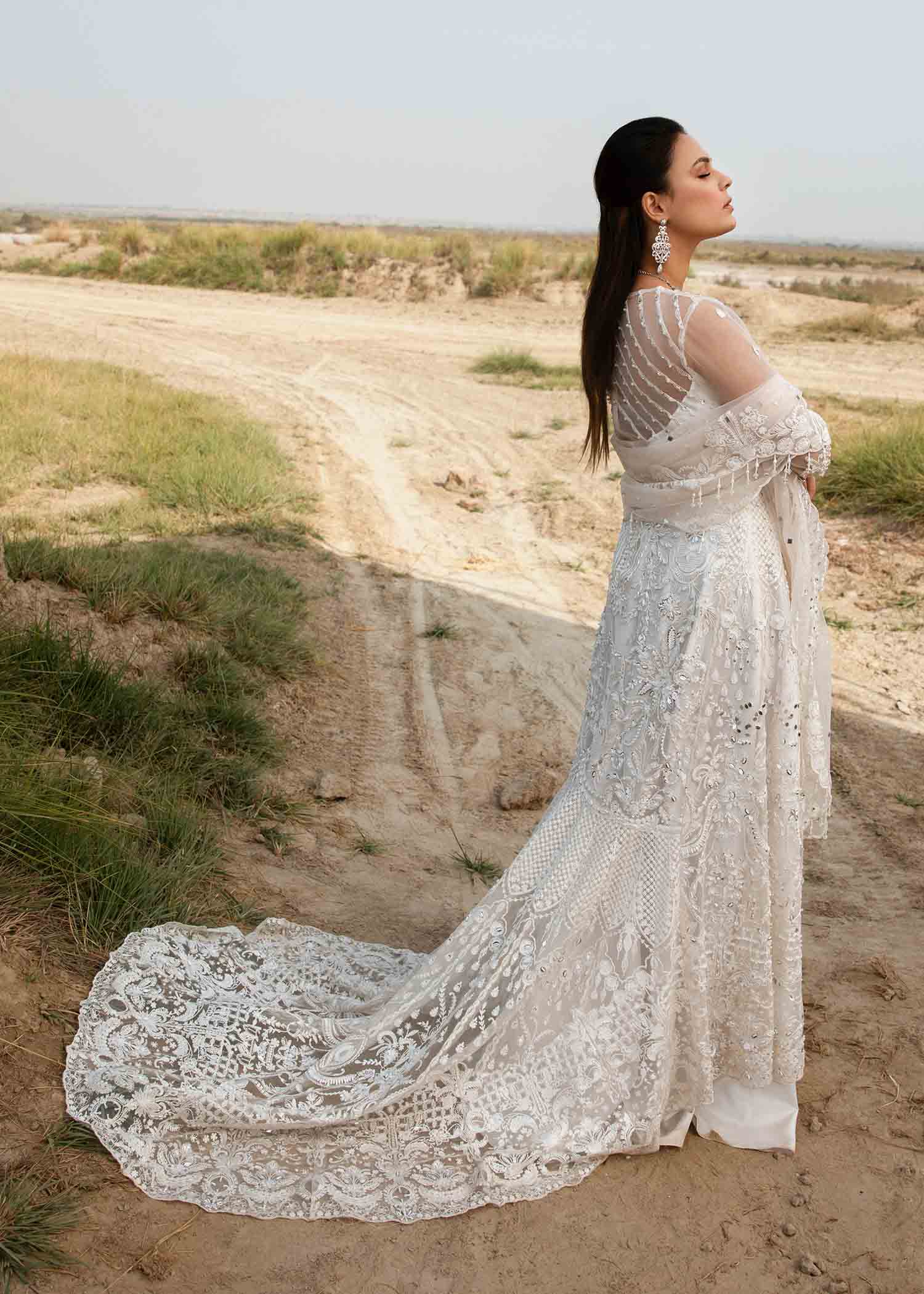 Pakistani Ivory Embroidered Net Pishwas Dress (2-Piece) - Image 8