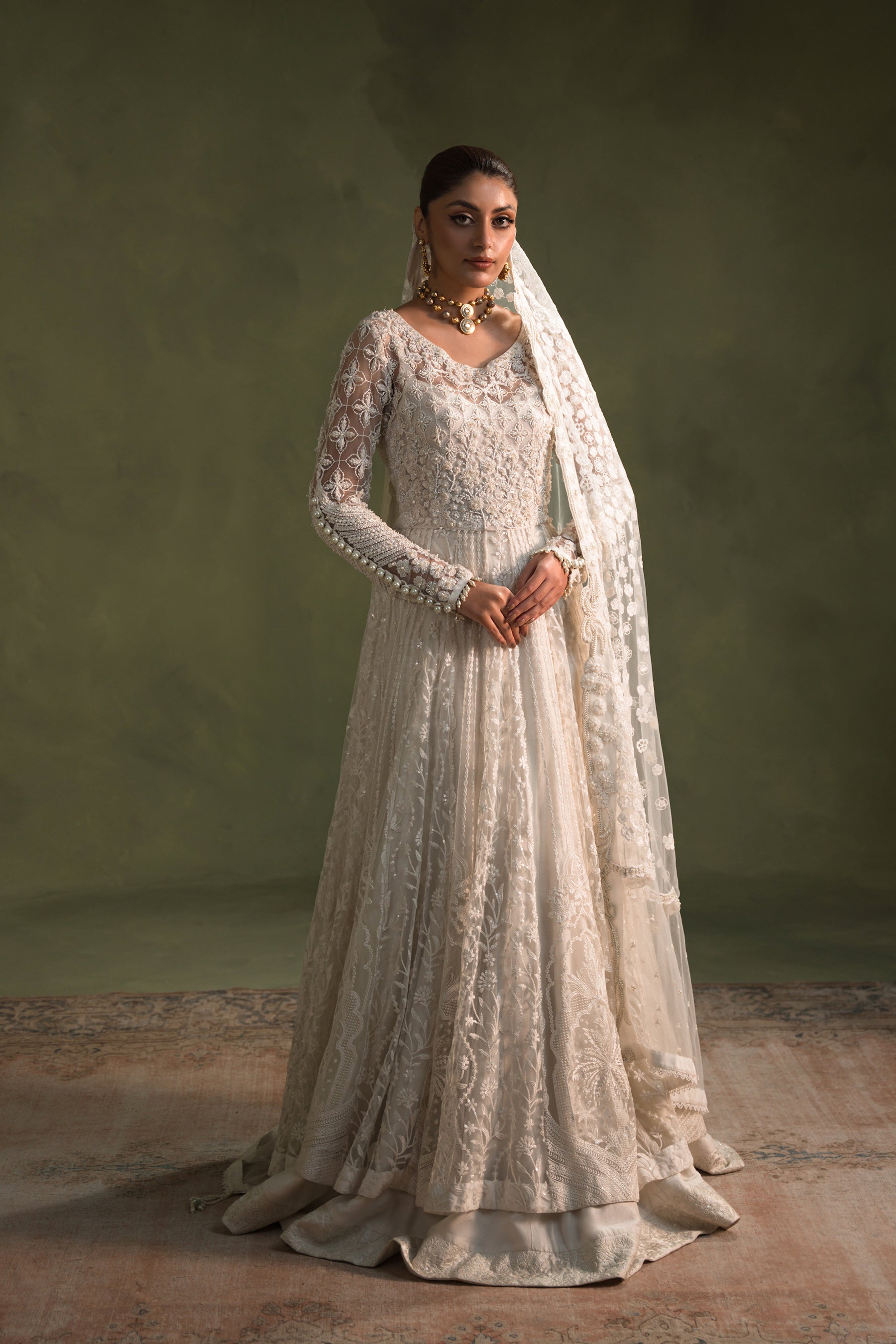Pakistani Pearl Embroidered Net Pishwas Dress (3-Piece) - Image 1