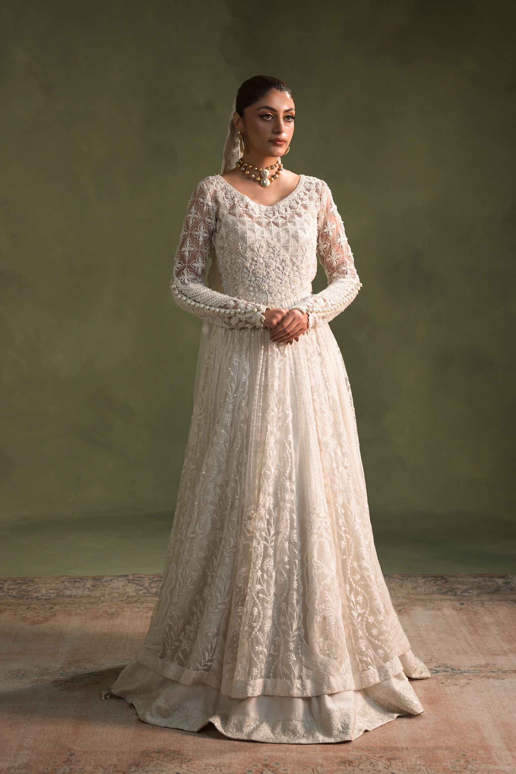 Pakistani Pearl Embroidered Net Pishwas Dress (3-Piece) - Image 2