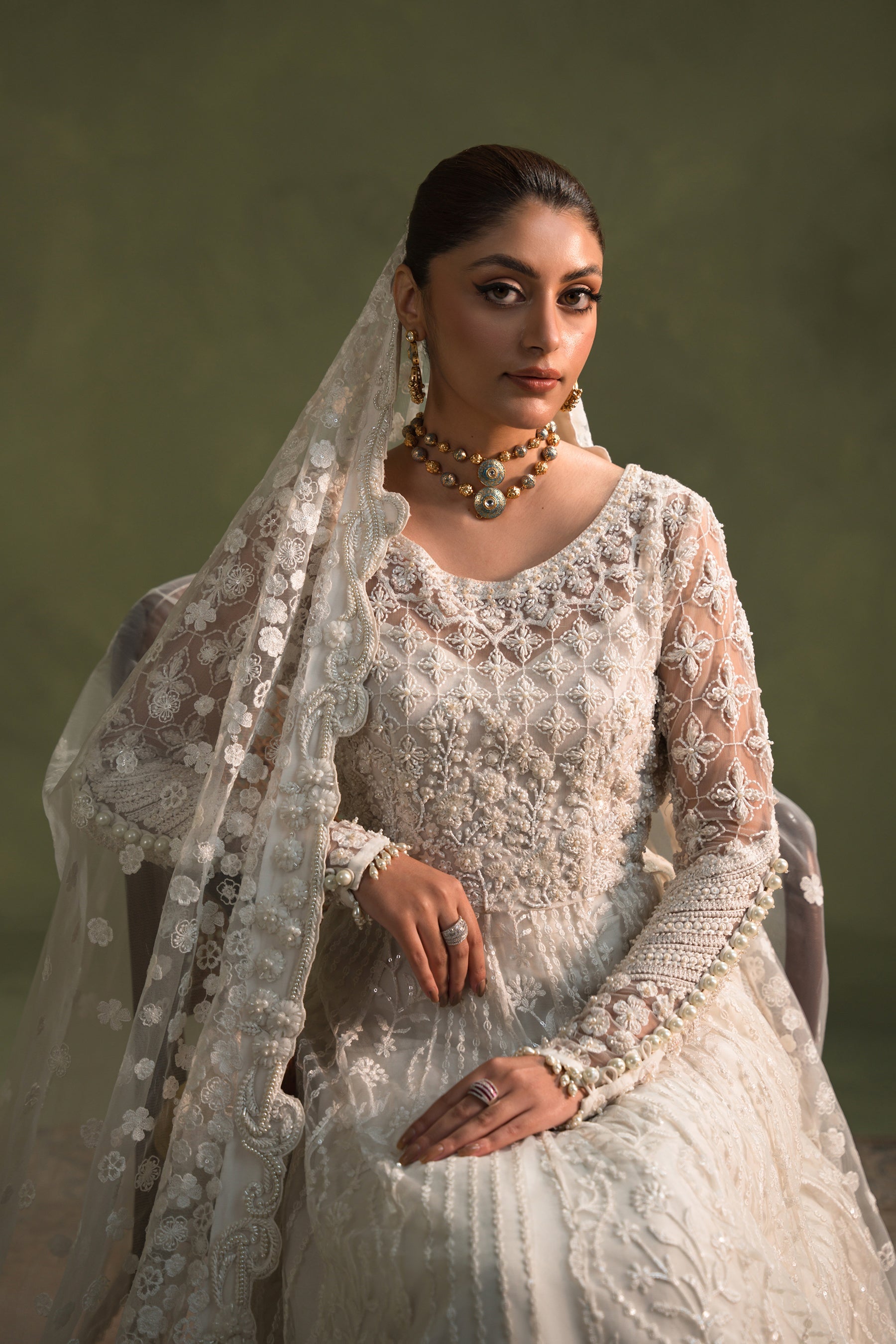 Pakistani Pearl Embroidered Net Pishwas Dress (3-Piece) - Image 5