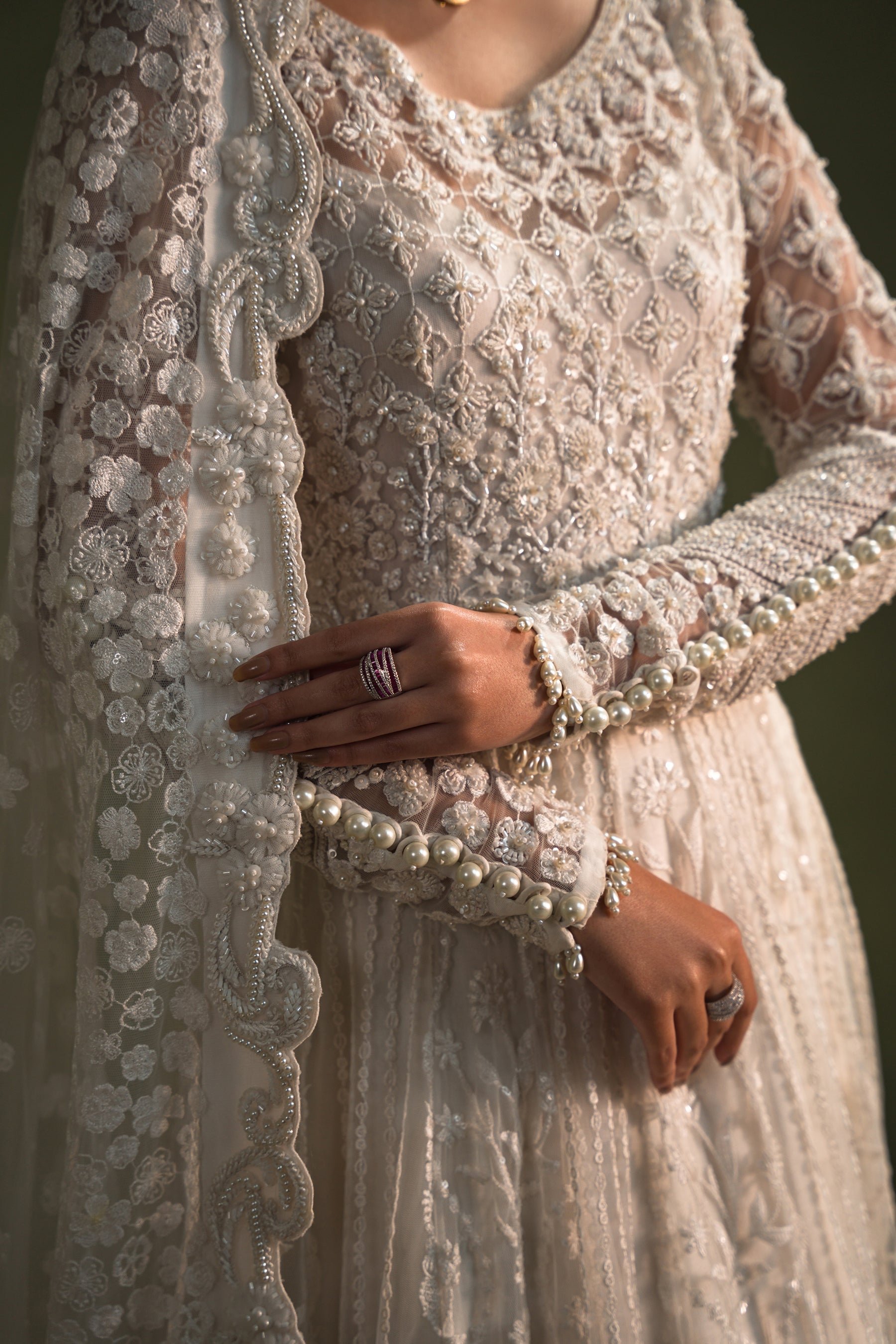 Pakistani Pearl Embroidered Net Pishwas Dress (3-Piece) - Image 7