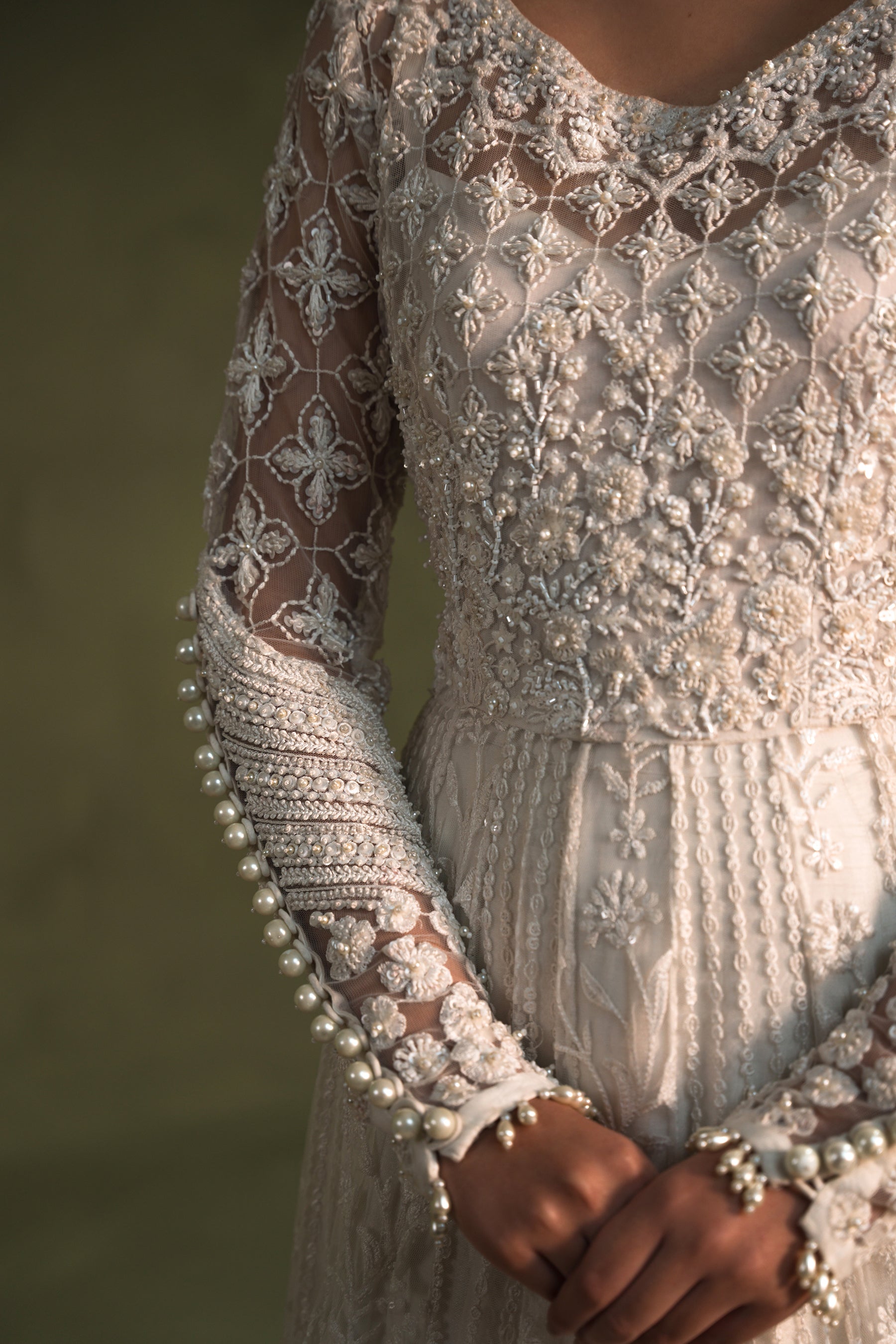 Pakistani Pearl Embroidered Net Pishwas Dress (3-Piece) - Image 8