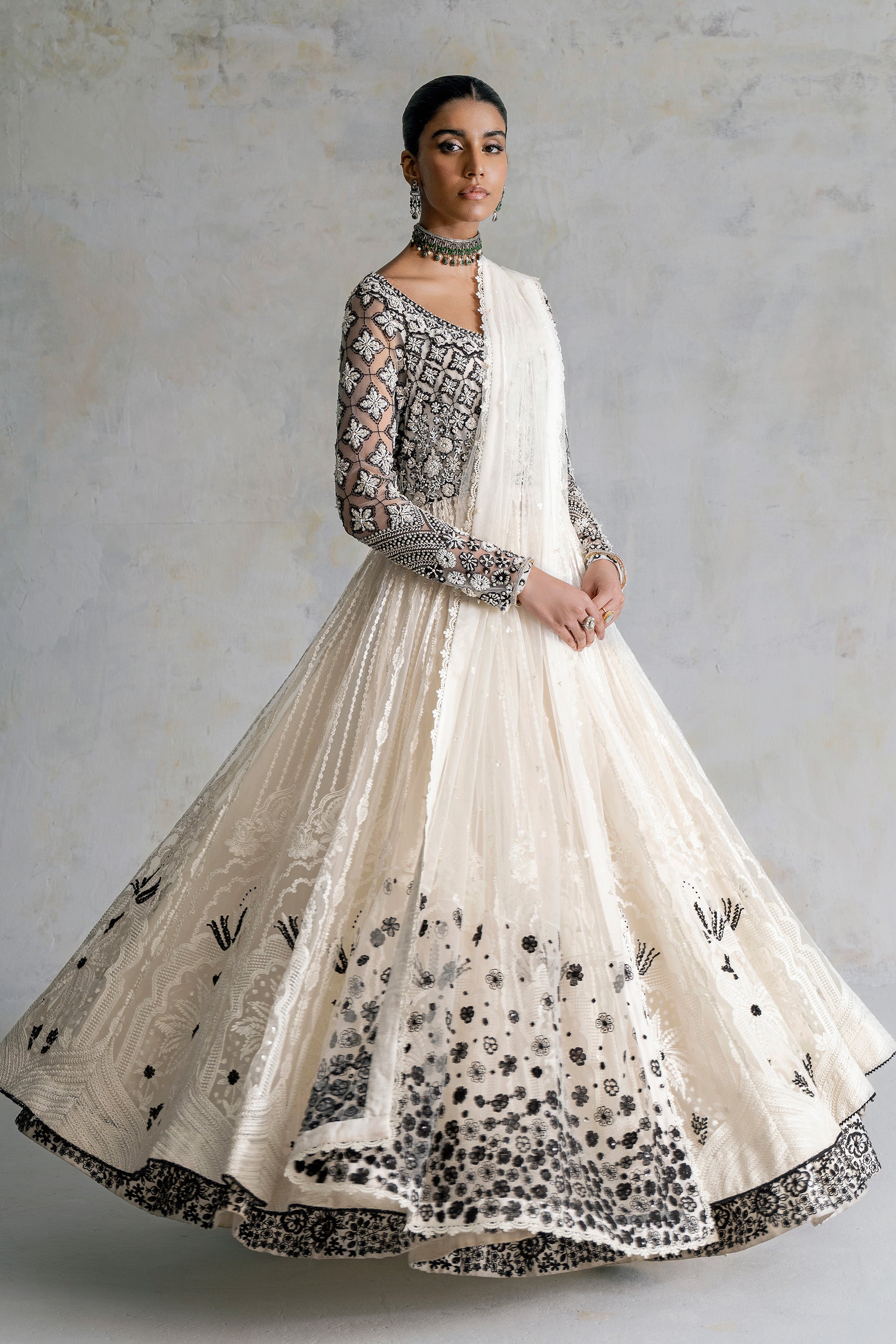 Ivory Embroidered Net Pishwas Dress (3-Piece) - Image 4