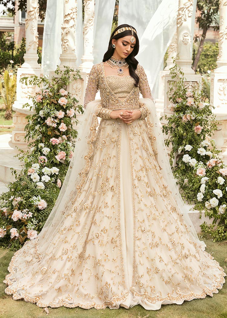 Pakistani Ivory Swarovski Embroidered Net Pishwas Lehnga (3-Piece) - Image 1
