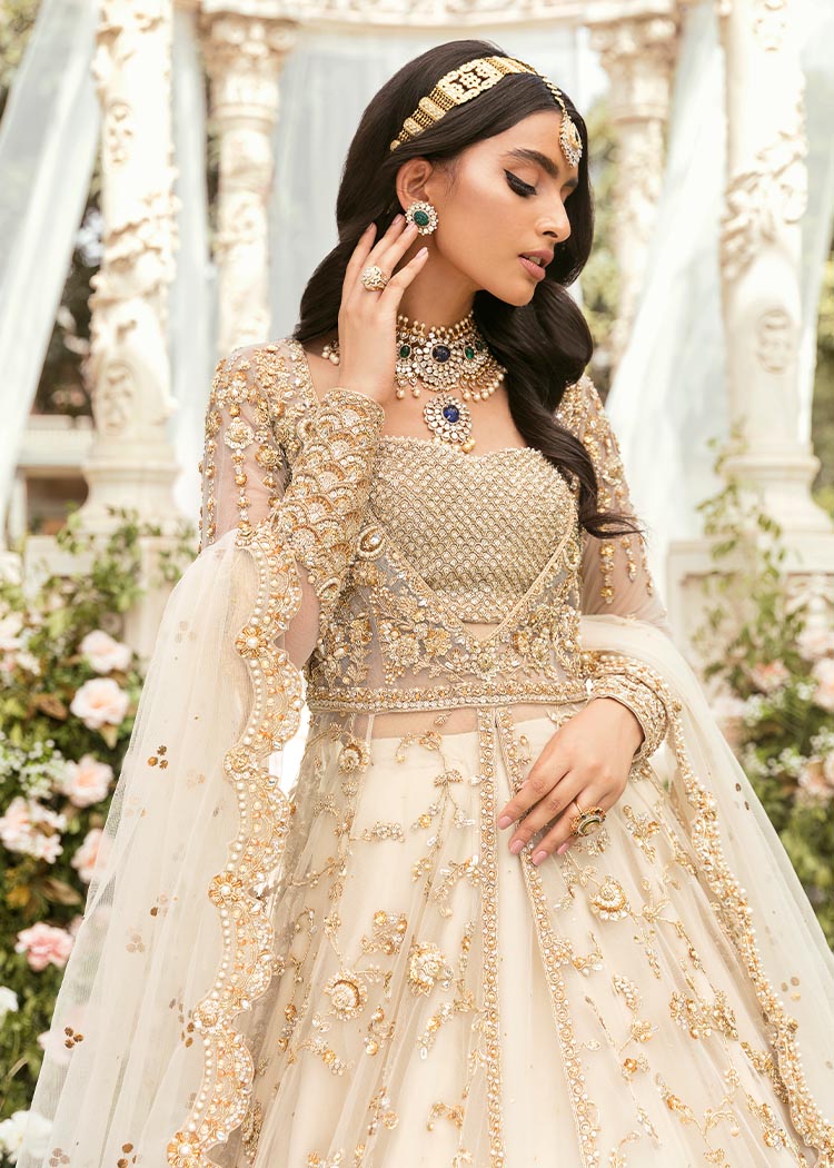 Pakistani Ivory Swarovski Embroidered Net Pishwas Lehnga (3-Piece) - Image 6