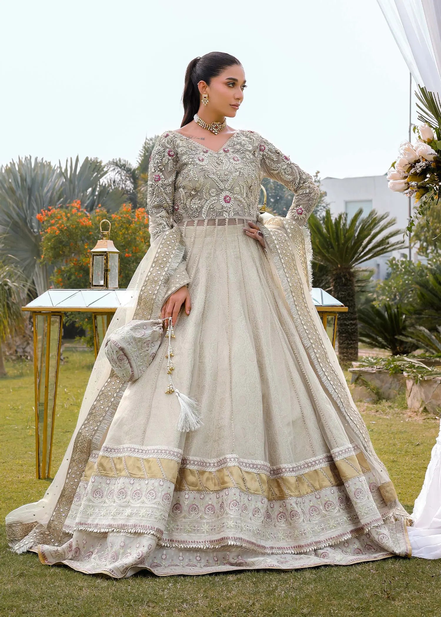 Pakistani Ivory Embroidered Net Pishwas Dress (3-Piece) - Image 1