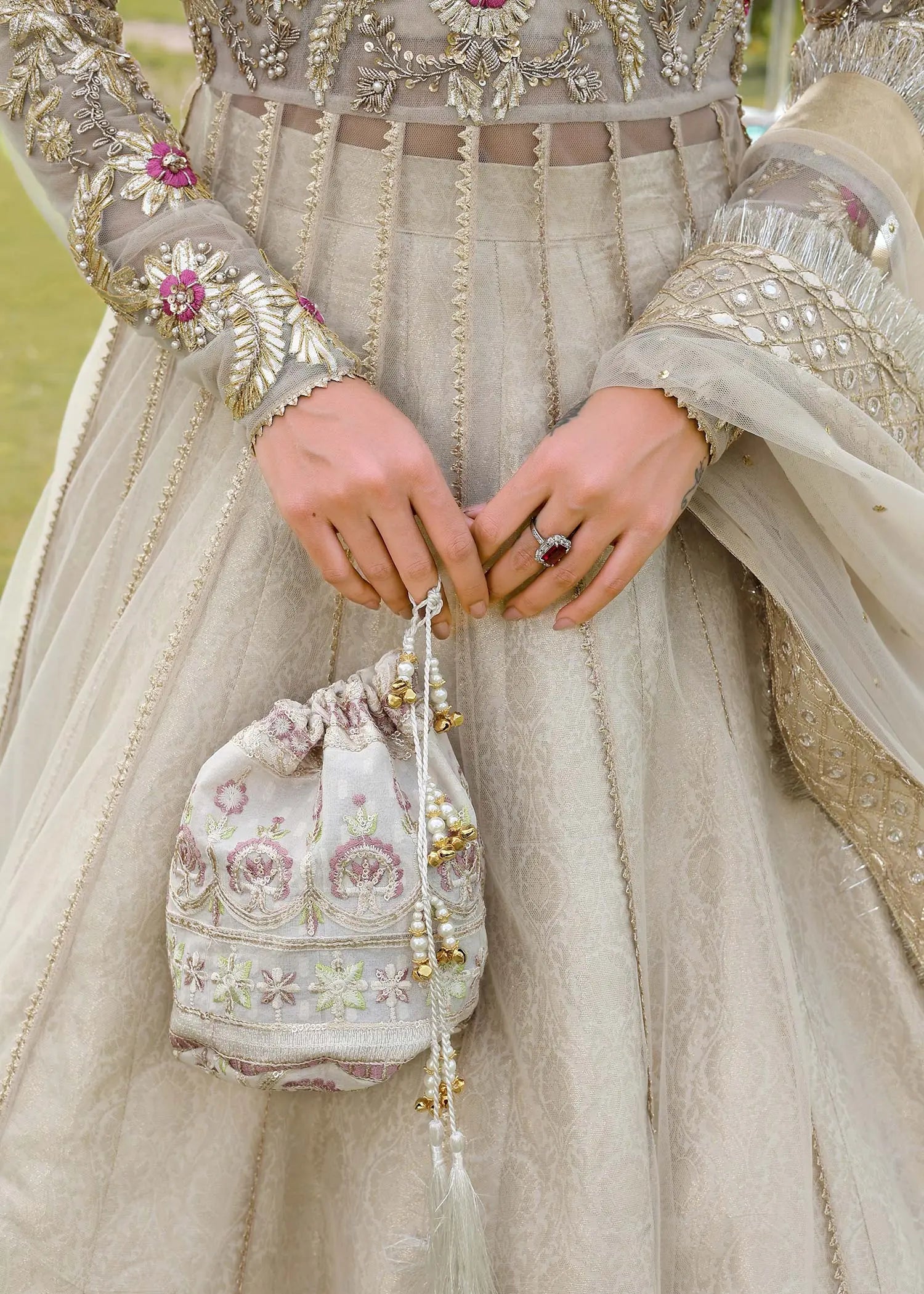 Pakistani Ivory Embroidered Net Pishwas Dress (3-Piece) - Image 2