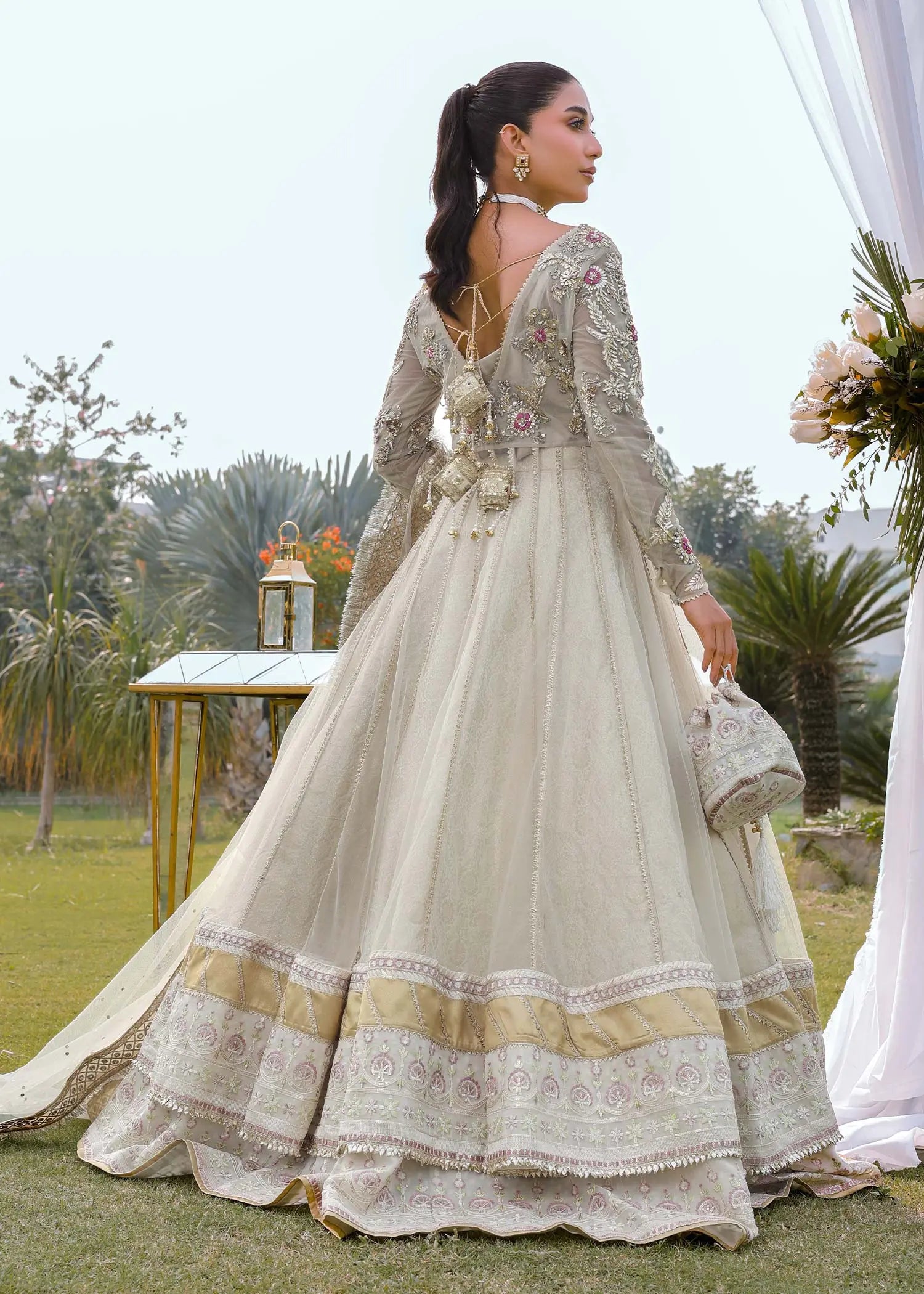 Pakistani Ivory Embroidered Net Pishwas Dress (3-Piece) - Image 3