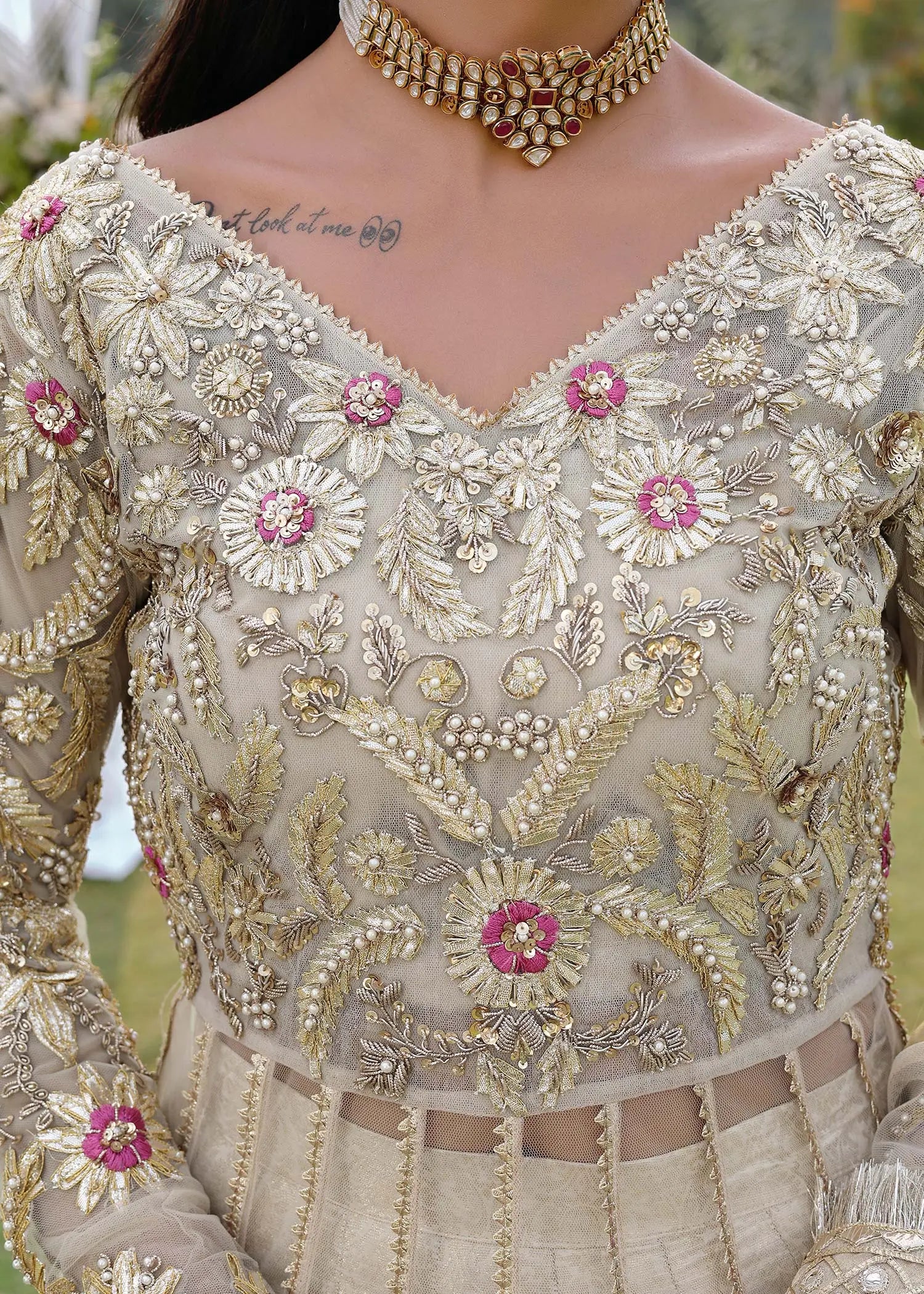 Pakistani Ivory Embroidered Net Pishwas Dress (3-Piece) - Image 4