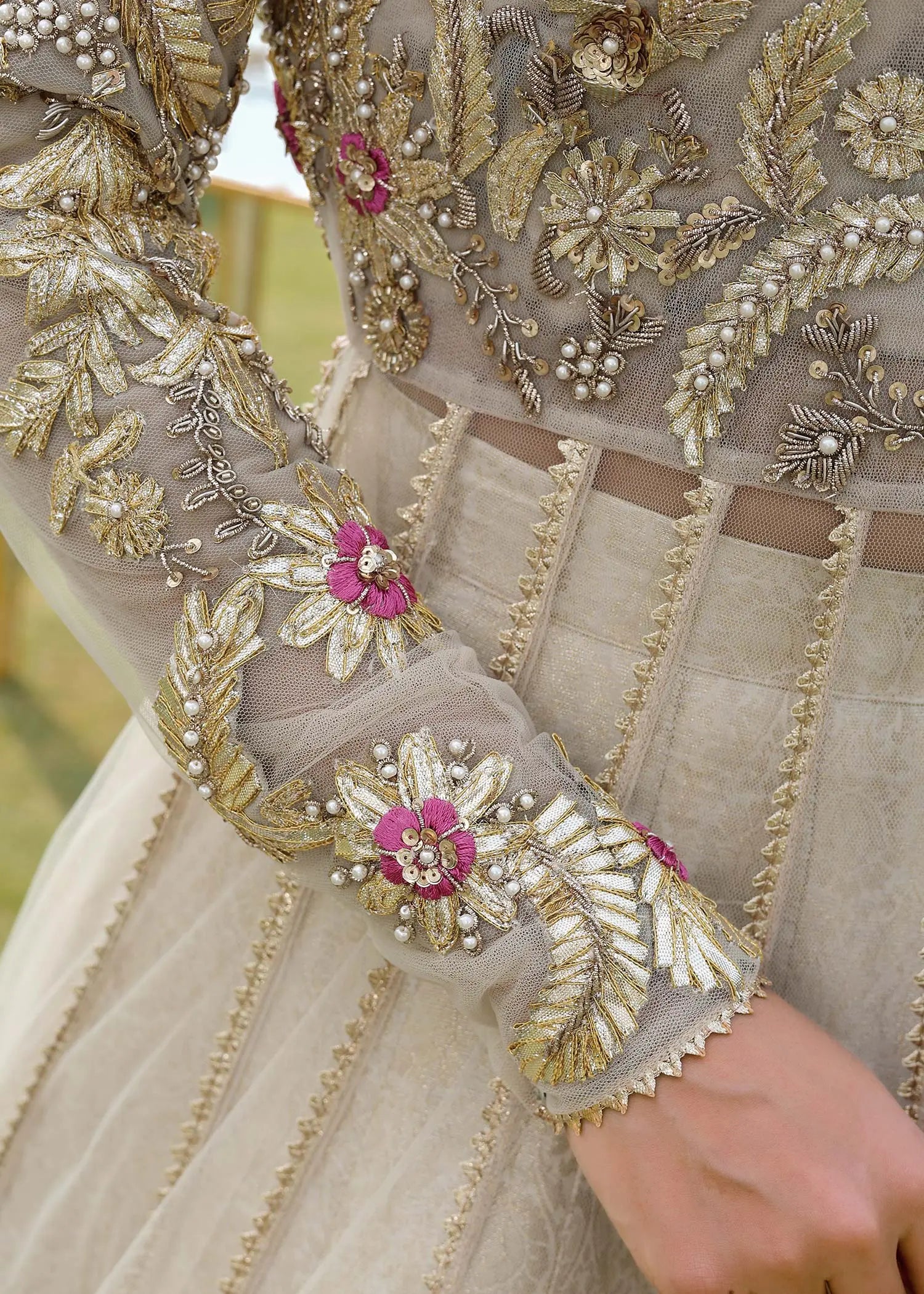 Pakistani Ivory Embroidered Net Pishwas Dress (3-Piece) - Image 5