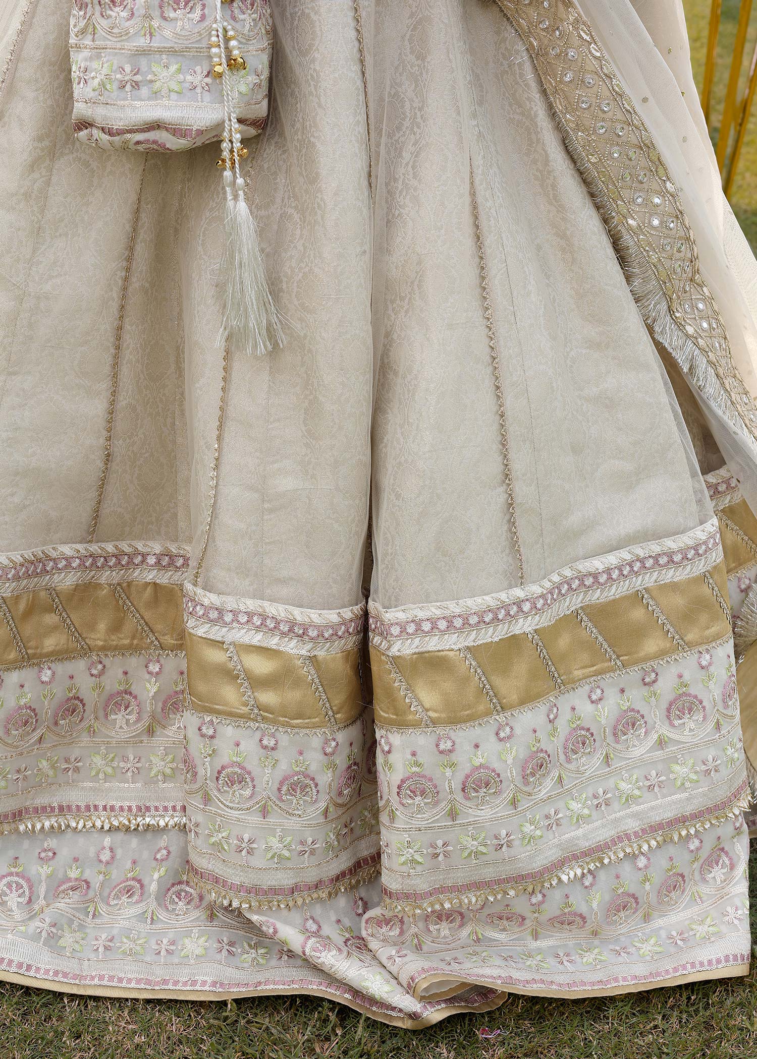 Pakistani Ivory Embroidered Net Pishwas Dress (3-Piece) - Image 6