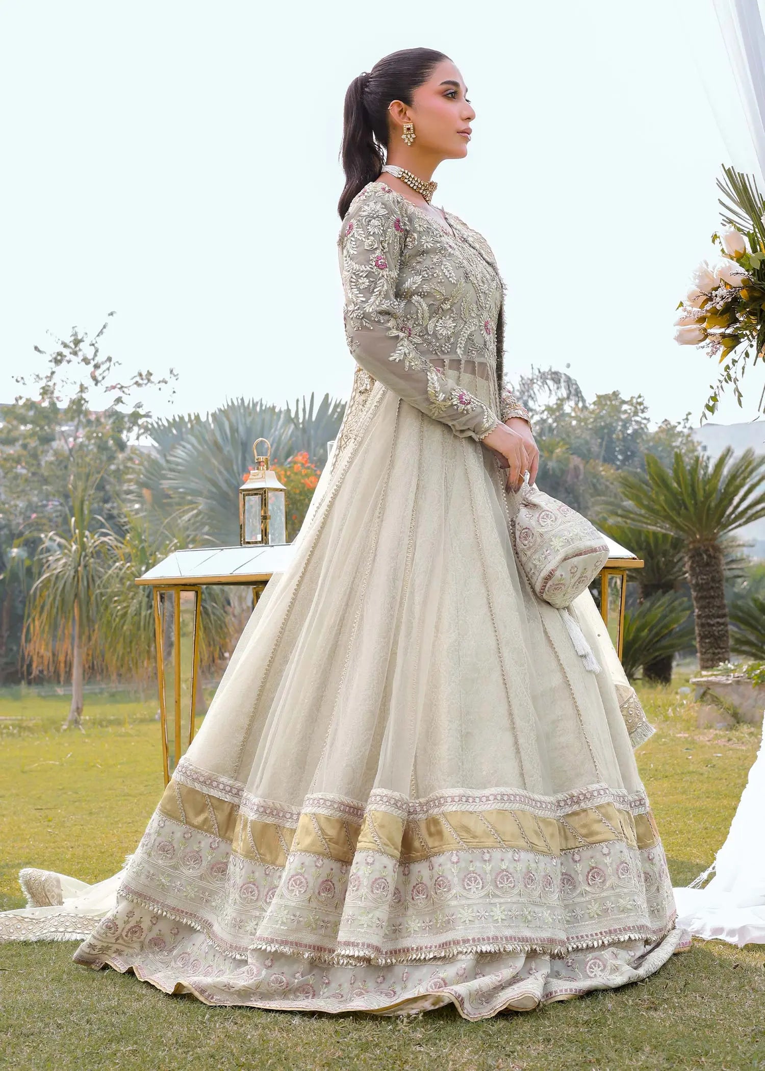 Pakistani Ivory Embroidered Net Pishwas Dress (3-Piece) - Image 7