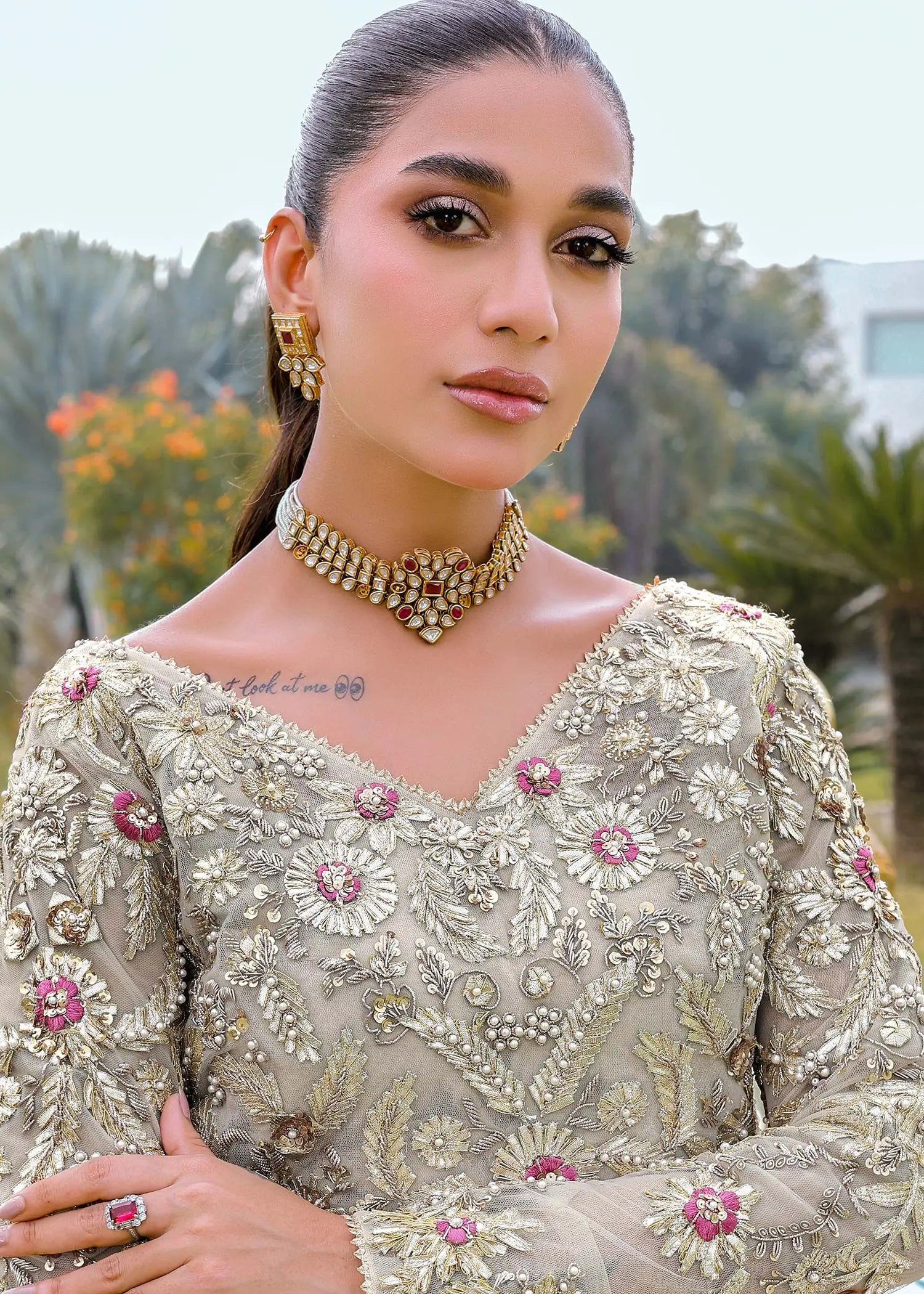 Pakistani Ivory Embroidered Net Pishwas Dress (3-Piece) - Image 9