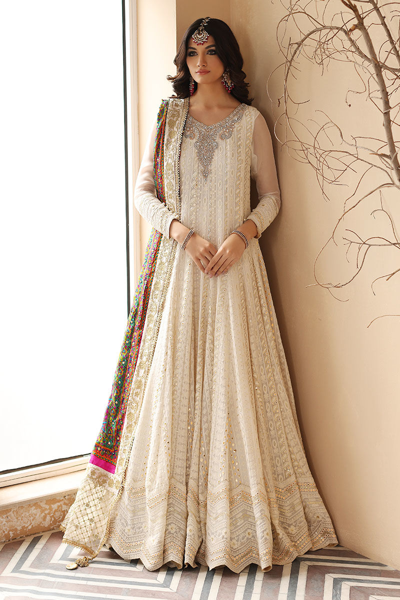 Off-White Embroidered Net Kalidaar Pishwas (2-Piece) - Image 1