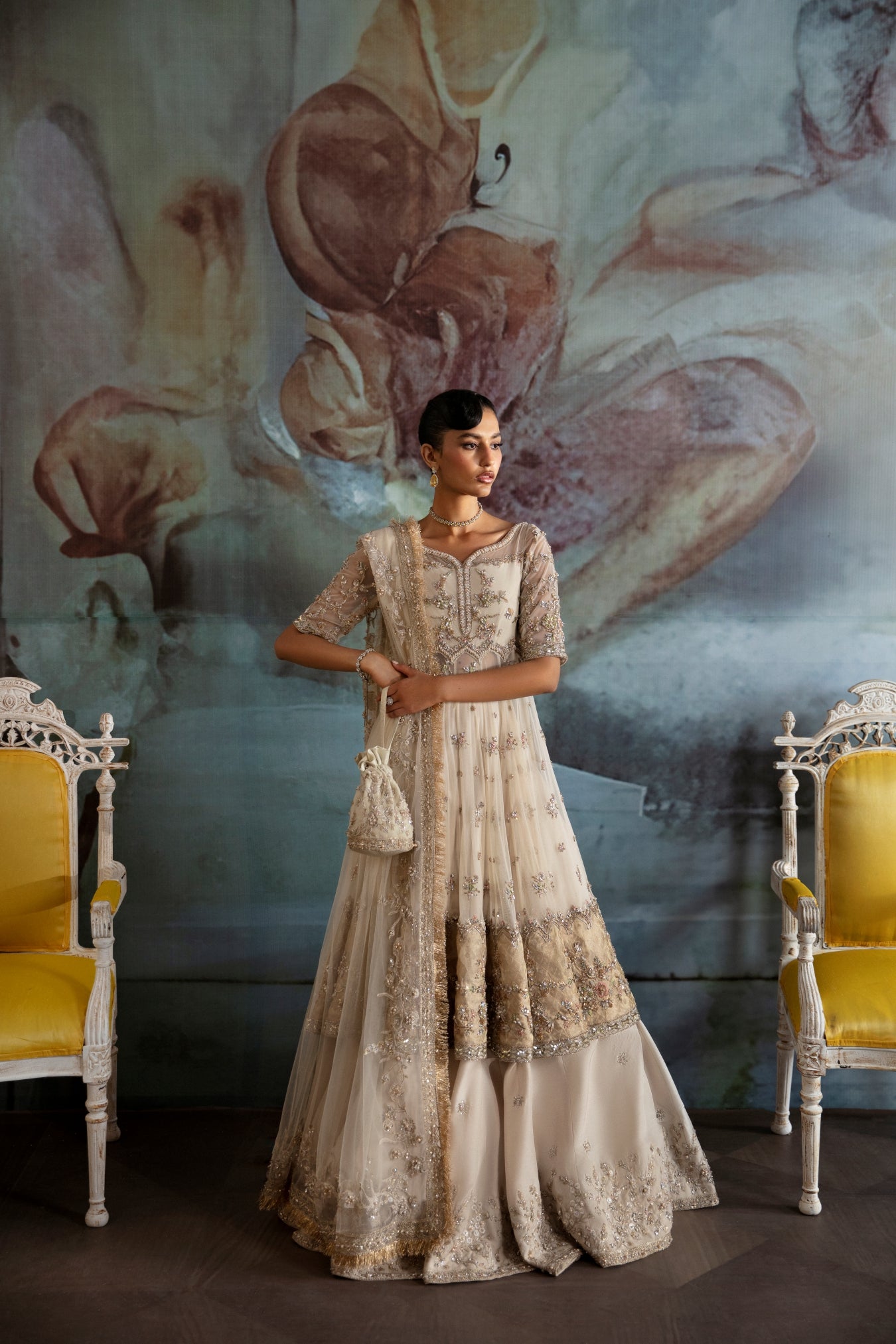 Ivory Embellished Net Pishwas Dress (3-Piece) - Image 1