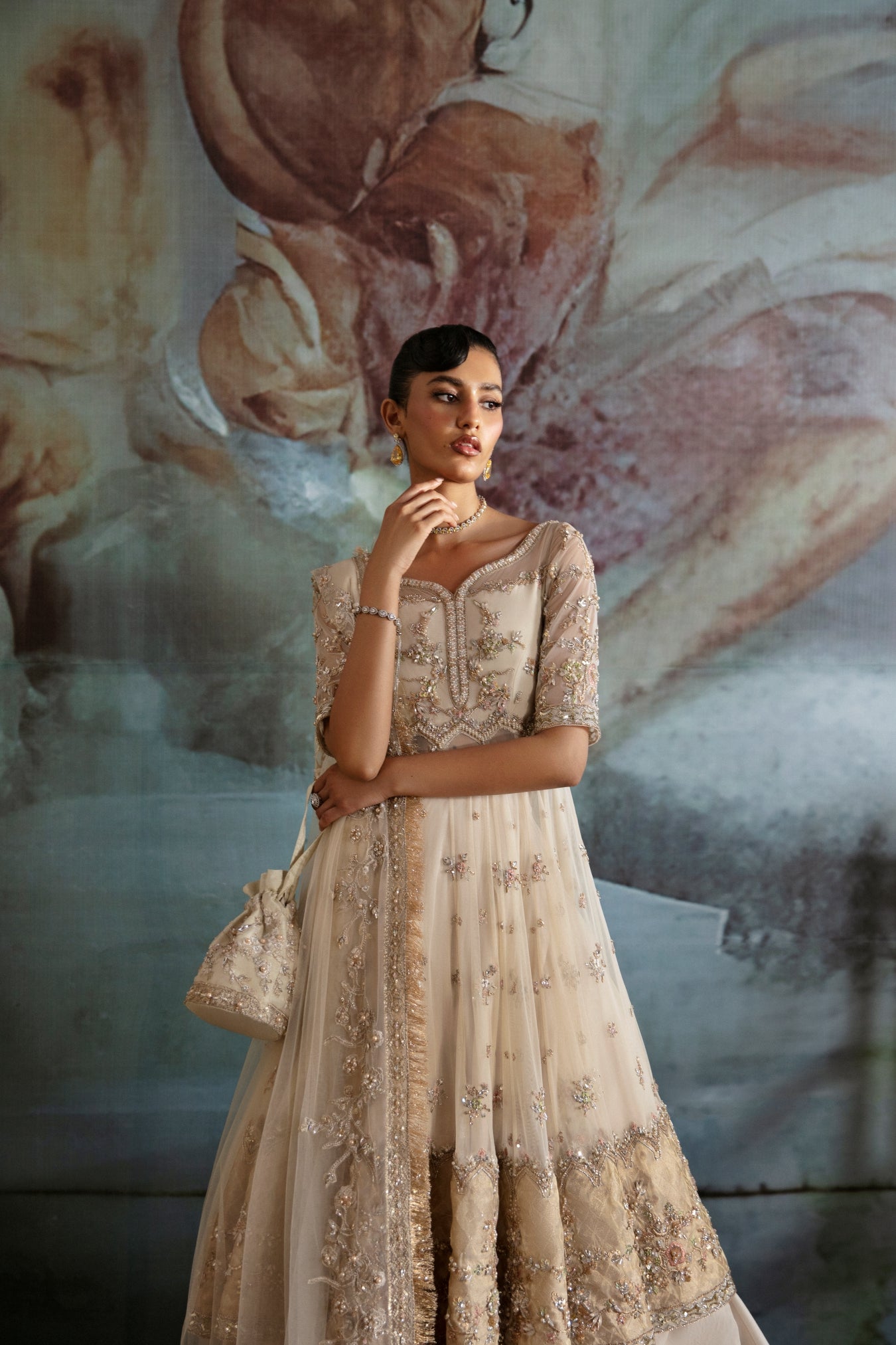 Ivory Embellished Net Pishwas Dress (3-Piece) - Image 2