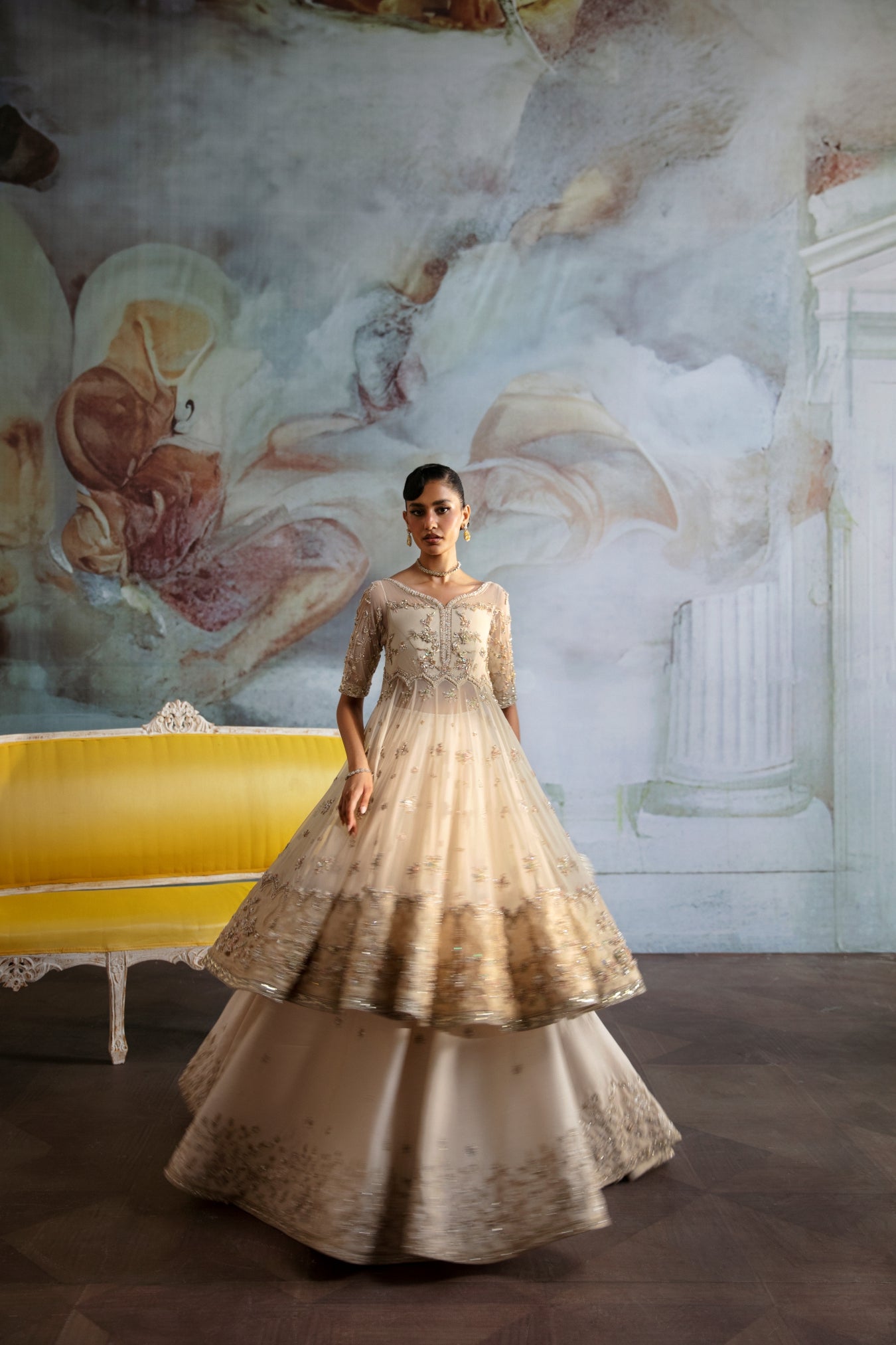 Ivory Embellished Net Pishwas Dress (3-Piece) - Image 3