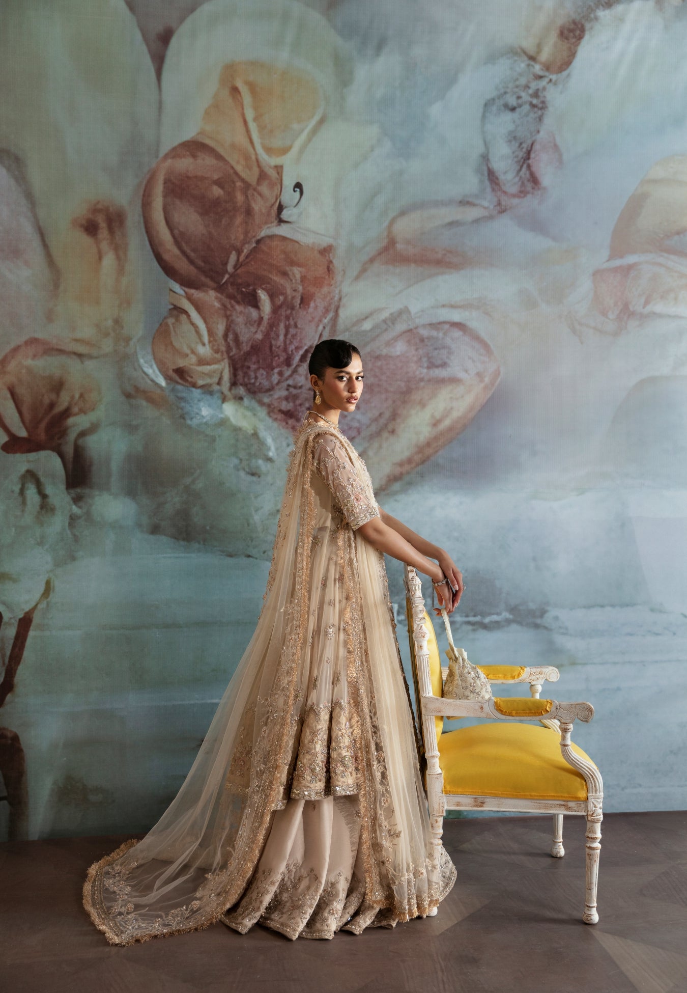 Ivory Embellished Net Pishwas Dress (3-Piece) - Image 4