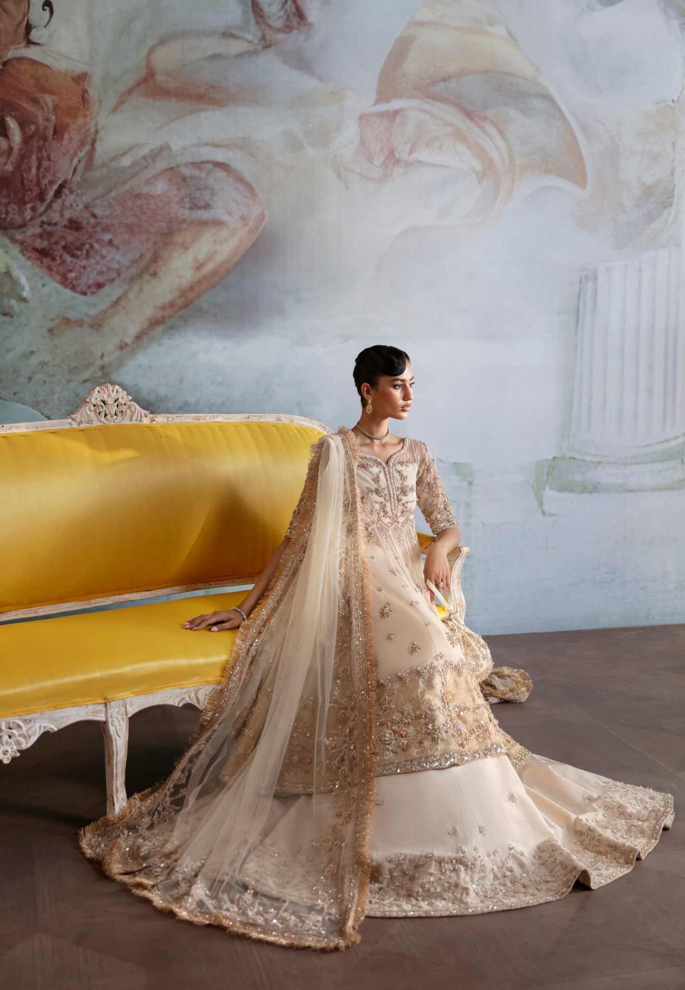 Ivory Embellished Net Pishwas Dress (3-Piece) - Image 5