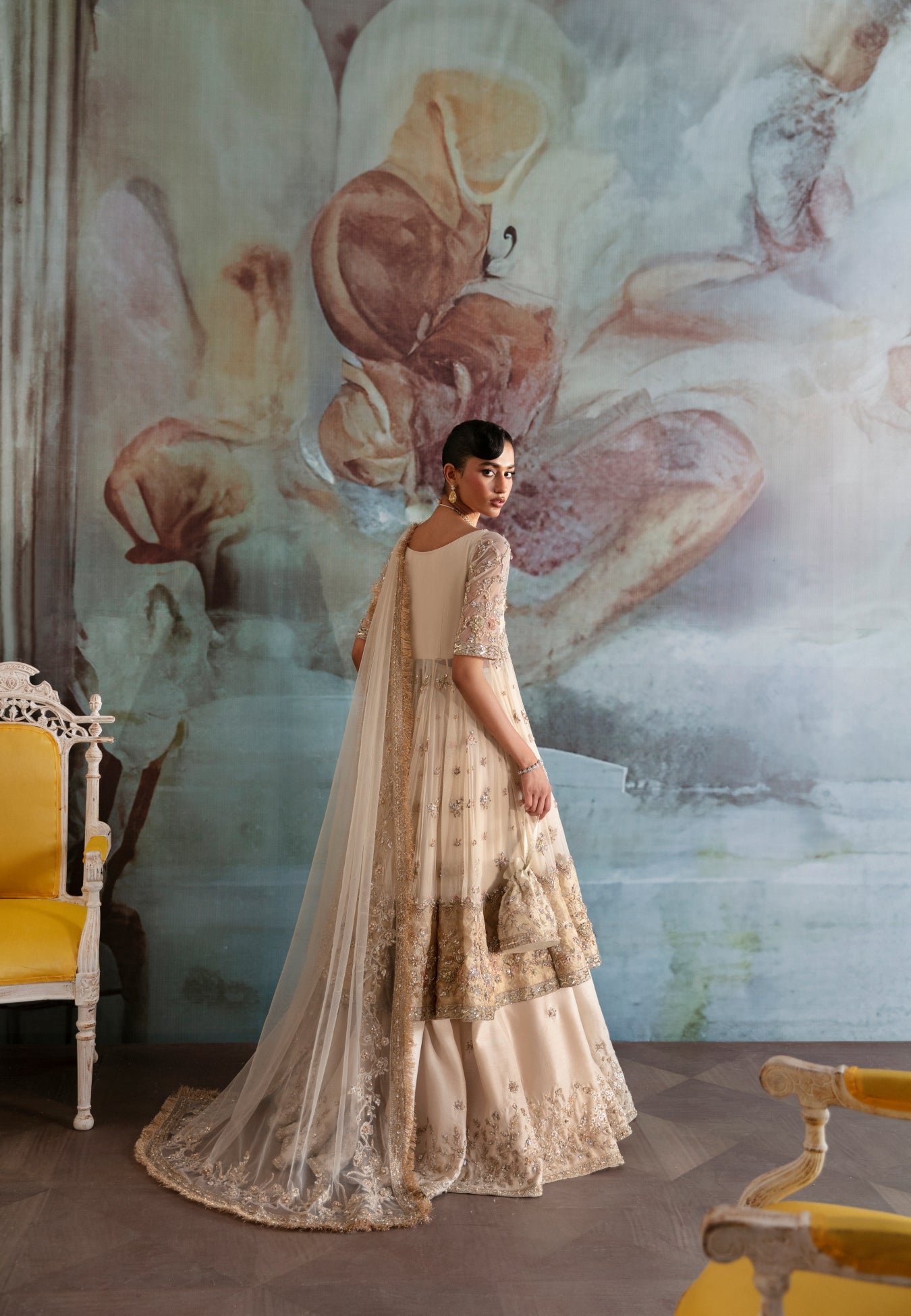 Ivory Embellished Net Pishwas Dress (3-Piece) - Image 6