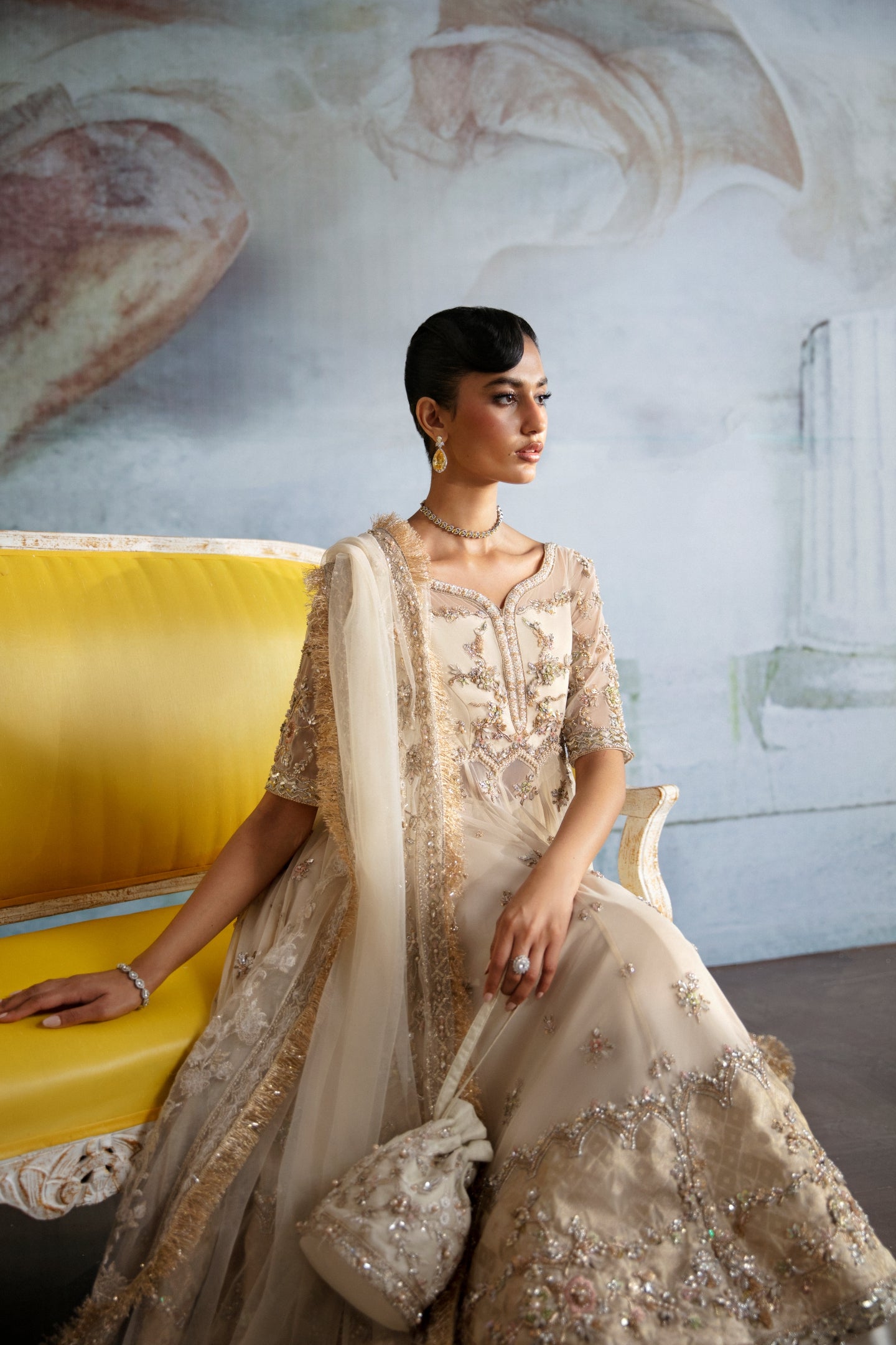 Ivory Embellished Net Pishwas Dress (3-Piece) - Image 7