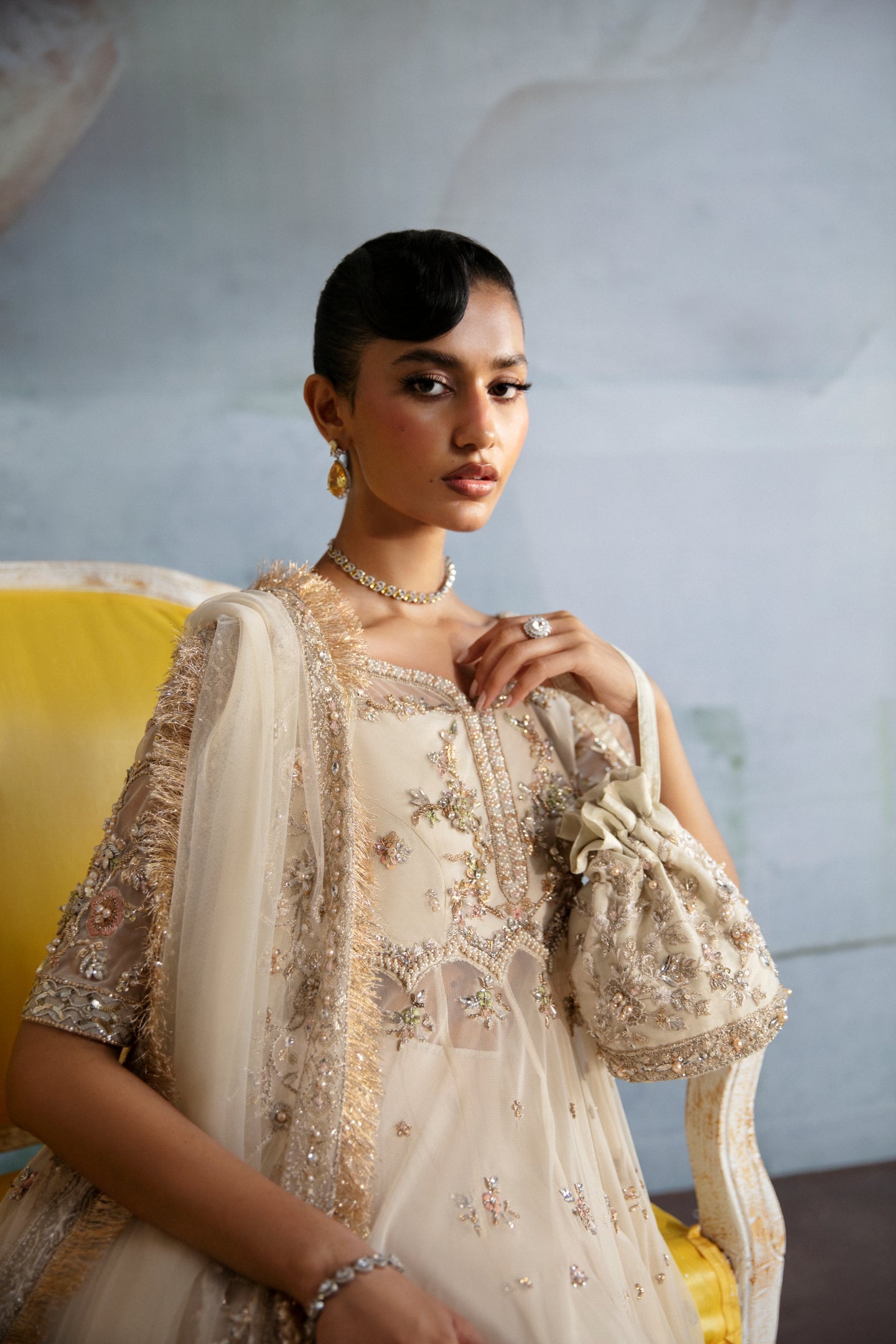 Ivory Embellished Net Pishwas Dress (3-Piece) - Image 8