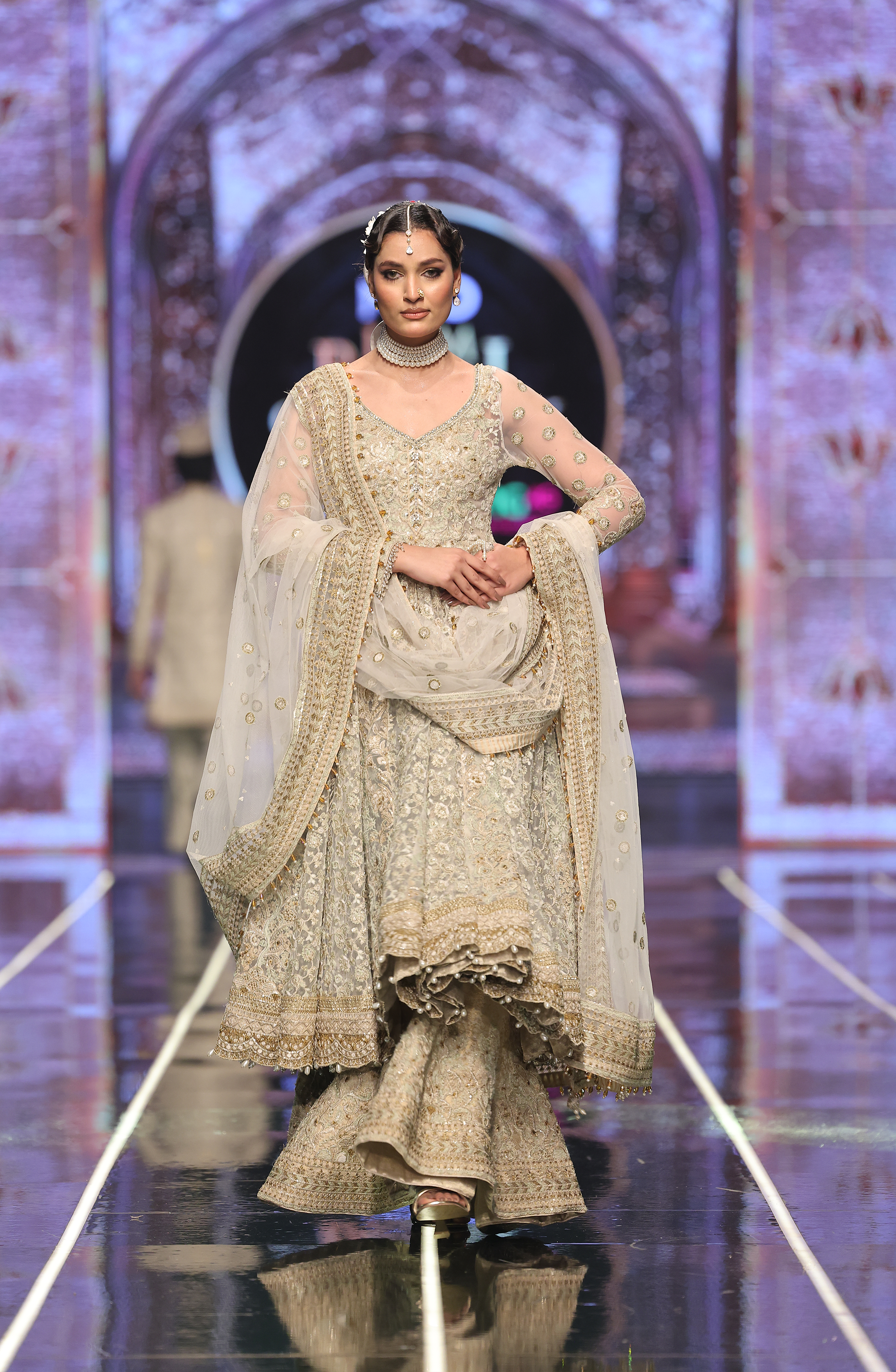 Ivory Embroidered Net Pishwas Dress (3-Piece) - Image 2