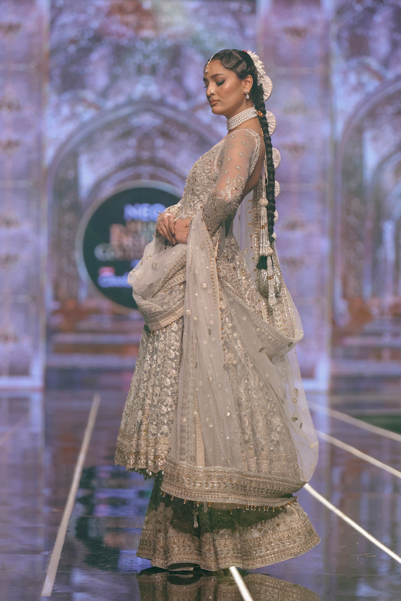 Ivory Embroidered Net Pishwas Dress (3-Piece) - Image 4