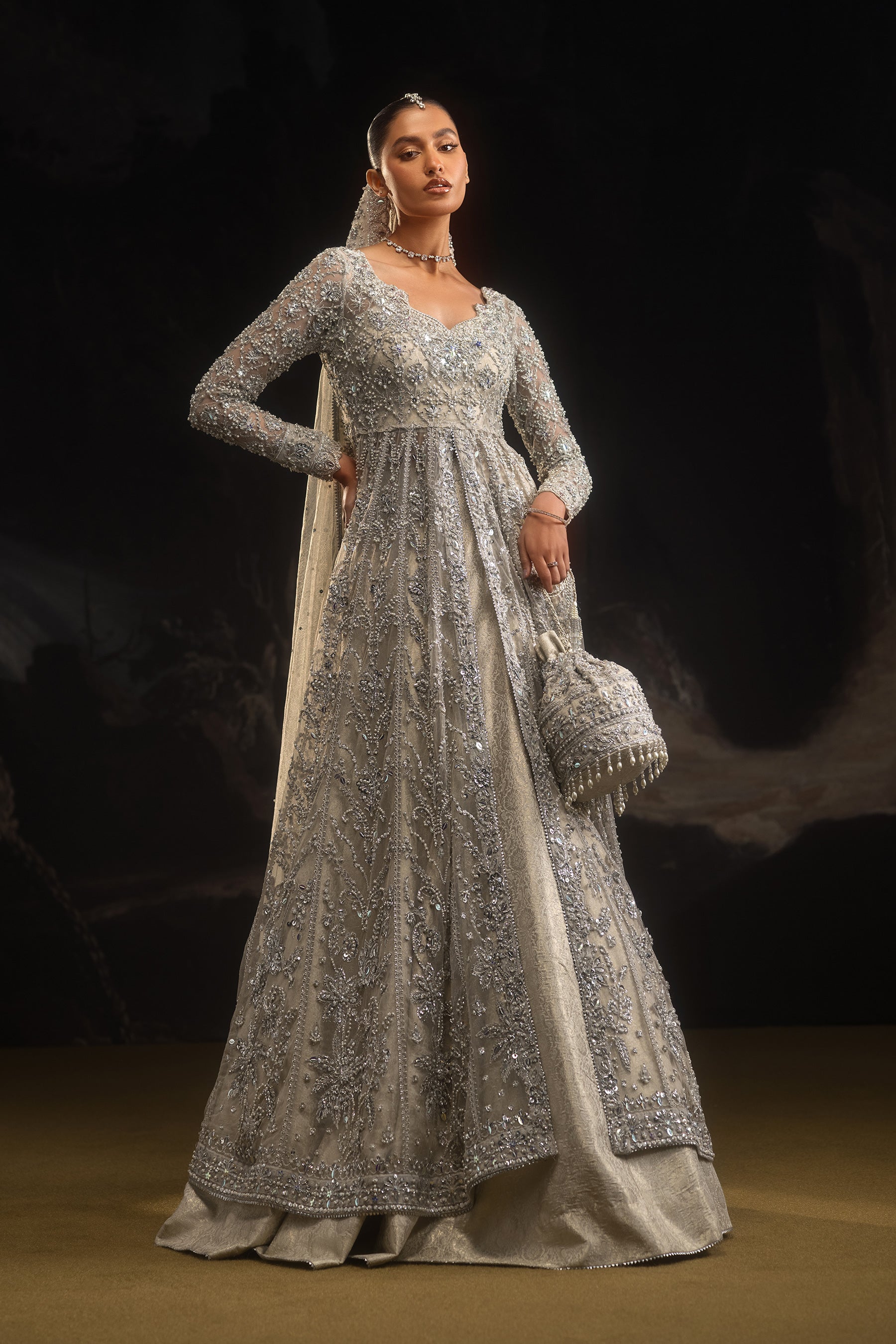 Pakistani Ivory Embroidered Net & Jamawar Bridal Pishwas (5-Piece) - Image 1