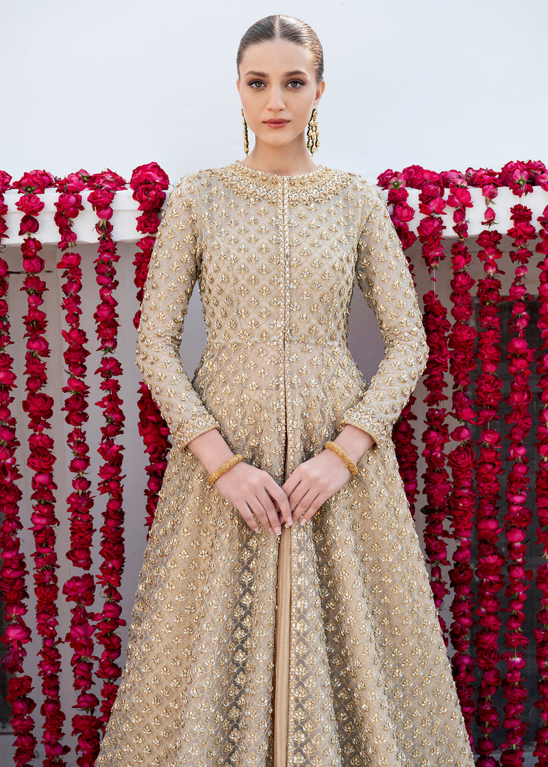 Pakistani Ivory Gold Crystal Net Pishwas Bridal Jacket (3-Piece) - Image 3