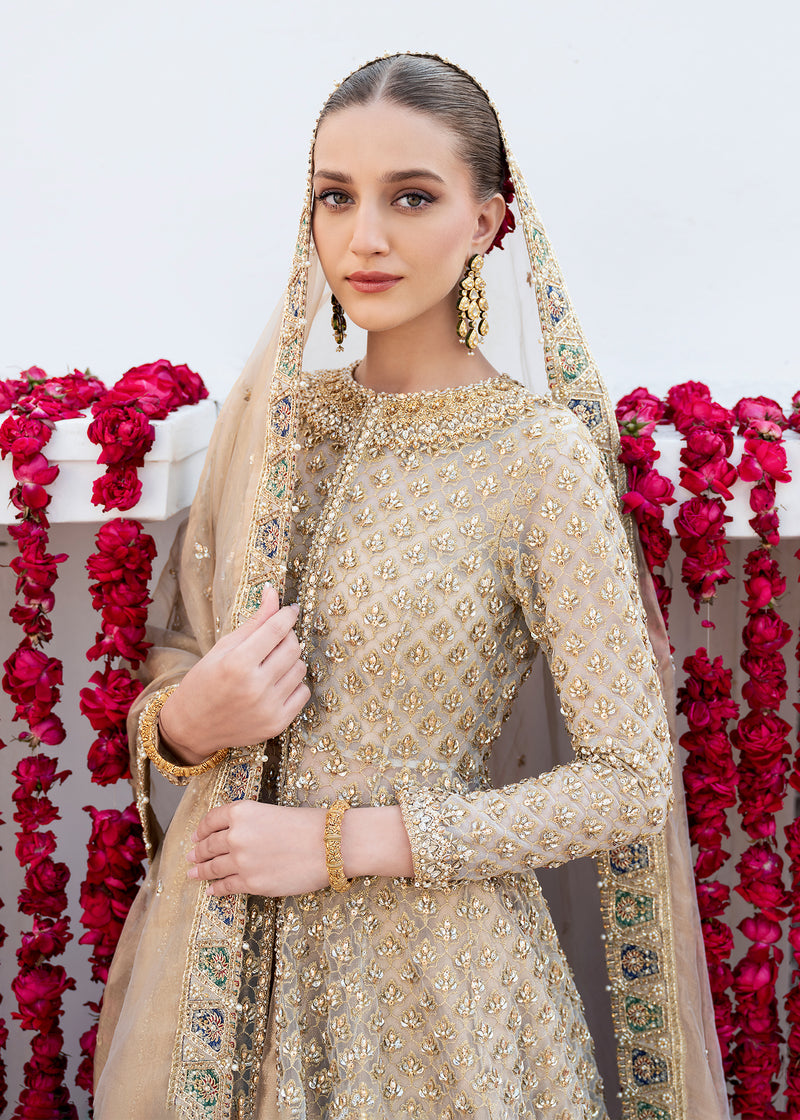 Pakistani Ivory Gold Crystal Net Pishwas Bridal Jacket (3-Piece) - Image 4