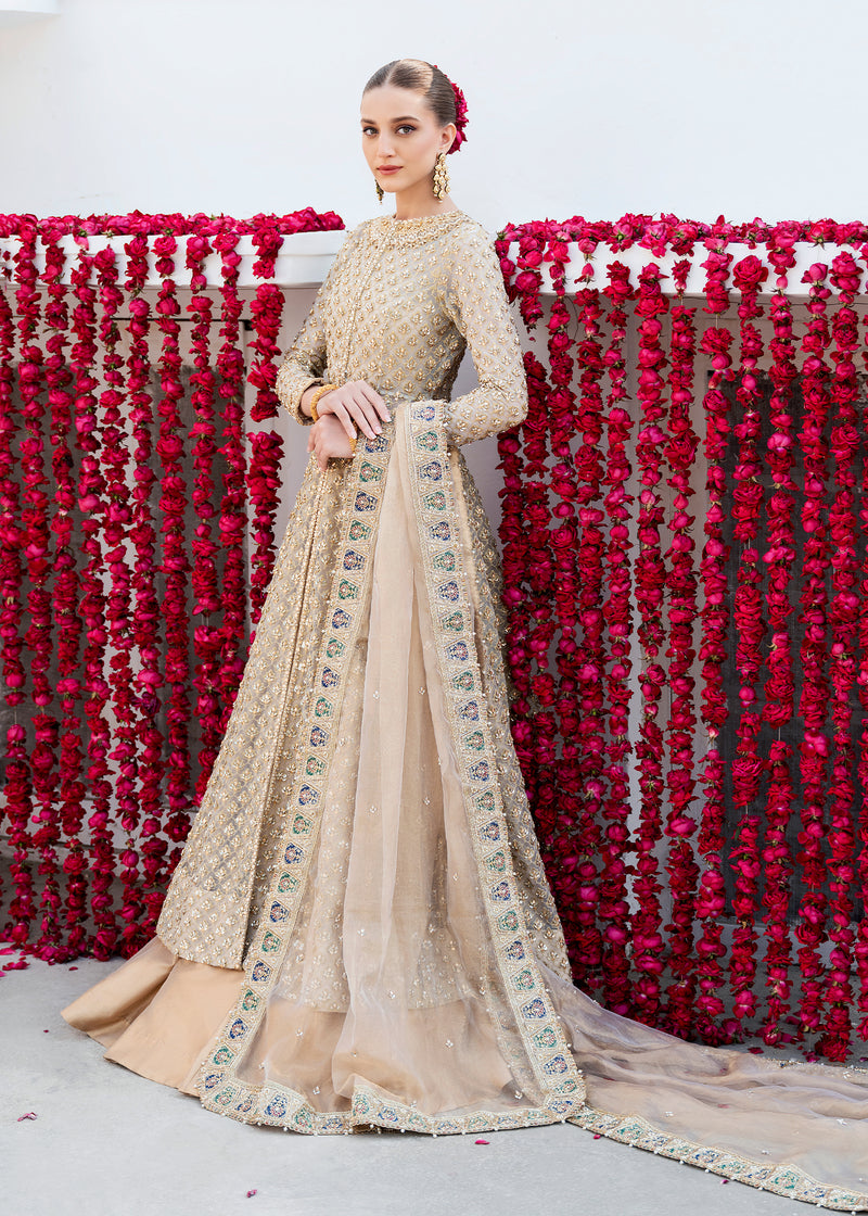 Pakistani Ivory Gold Crystal Net Pishwas Bridal Jacket (3-Piece) - Image 5