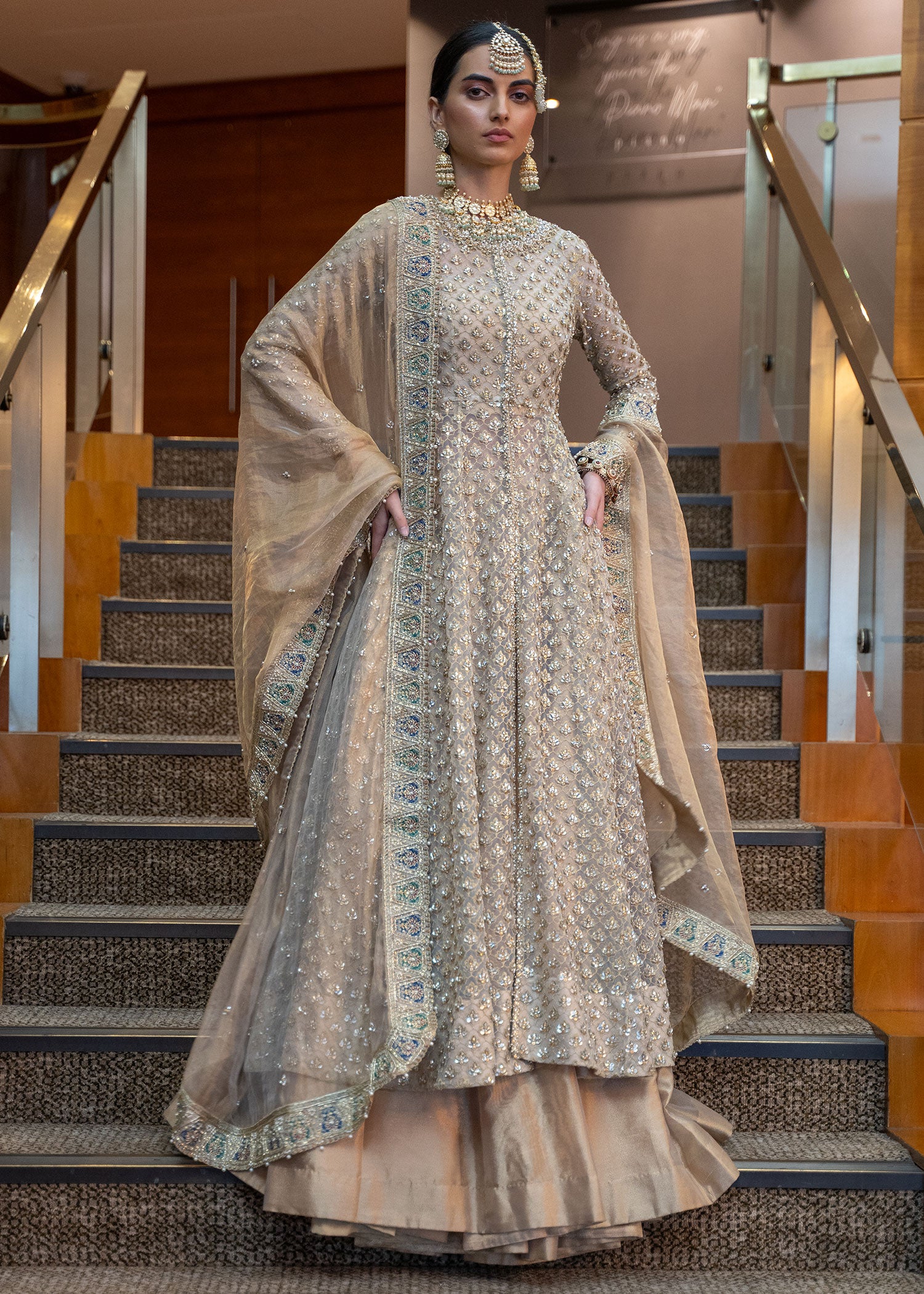 Ivory Gold Crystal Net Pishwas Dress (3-Piece) - Image 3