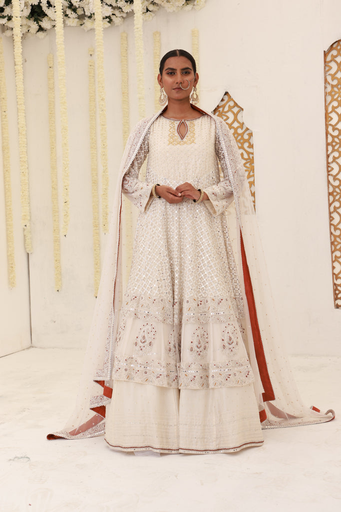 Pakistani Off-White Embroidered Net Pishwas Dress (3-Piece) - Image 1
