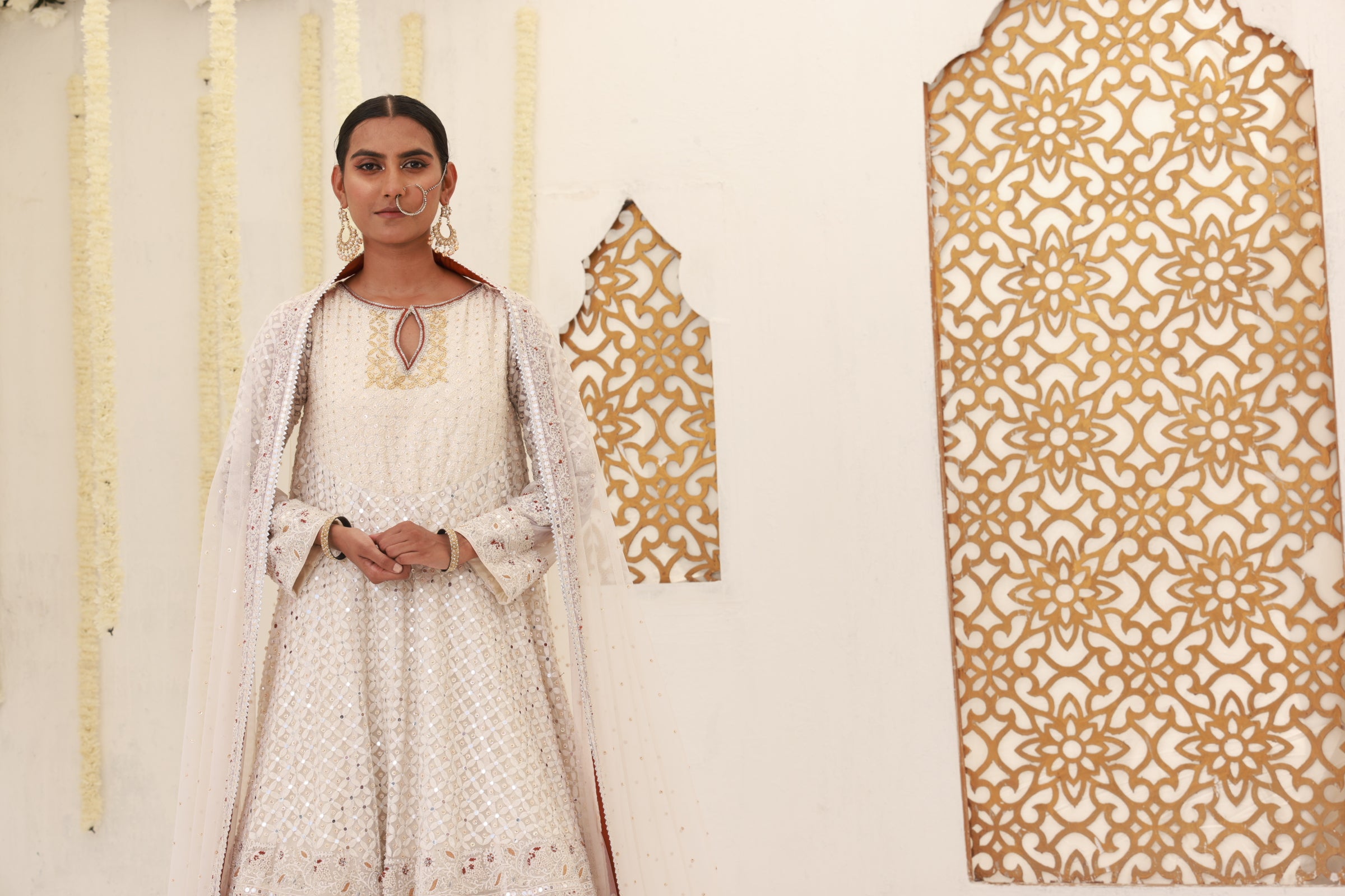 Pakistani Off-White Embroidered Net Pishwas Dress (3-Piece) - Image 3