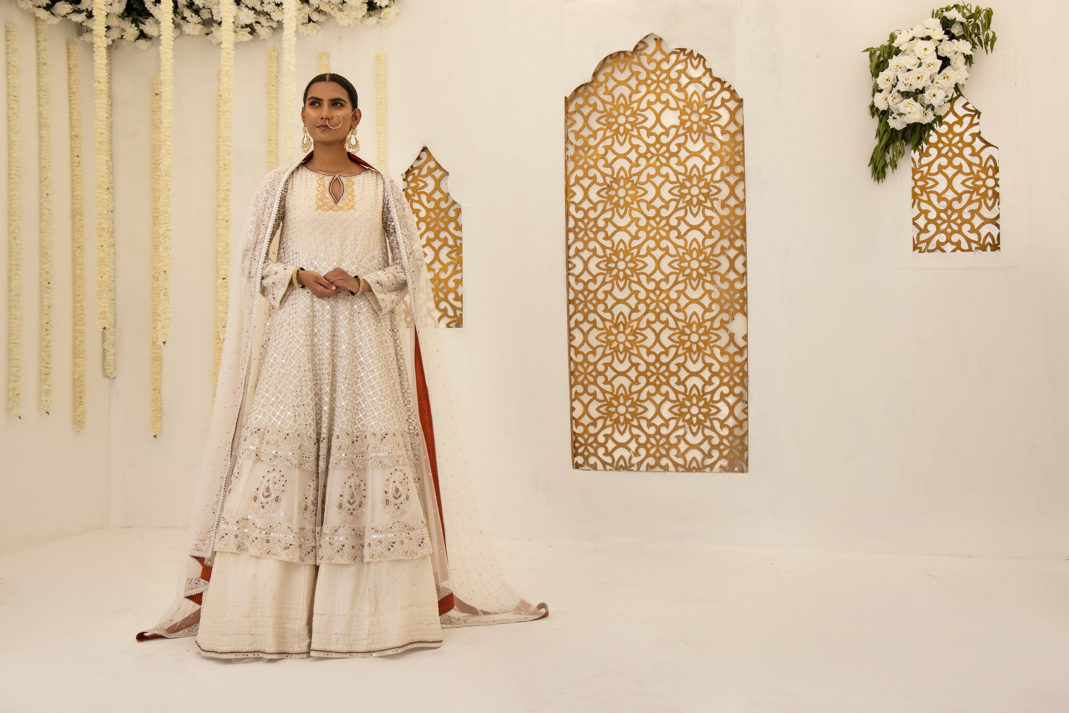 Pakistani Off-White Embroidered Net Pishwas Dress (3-Piece) - Image 4