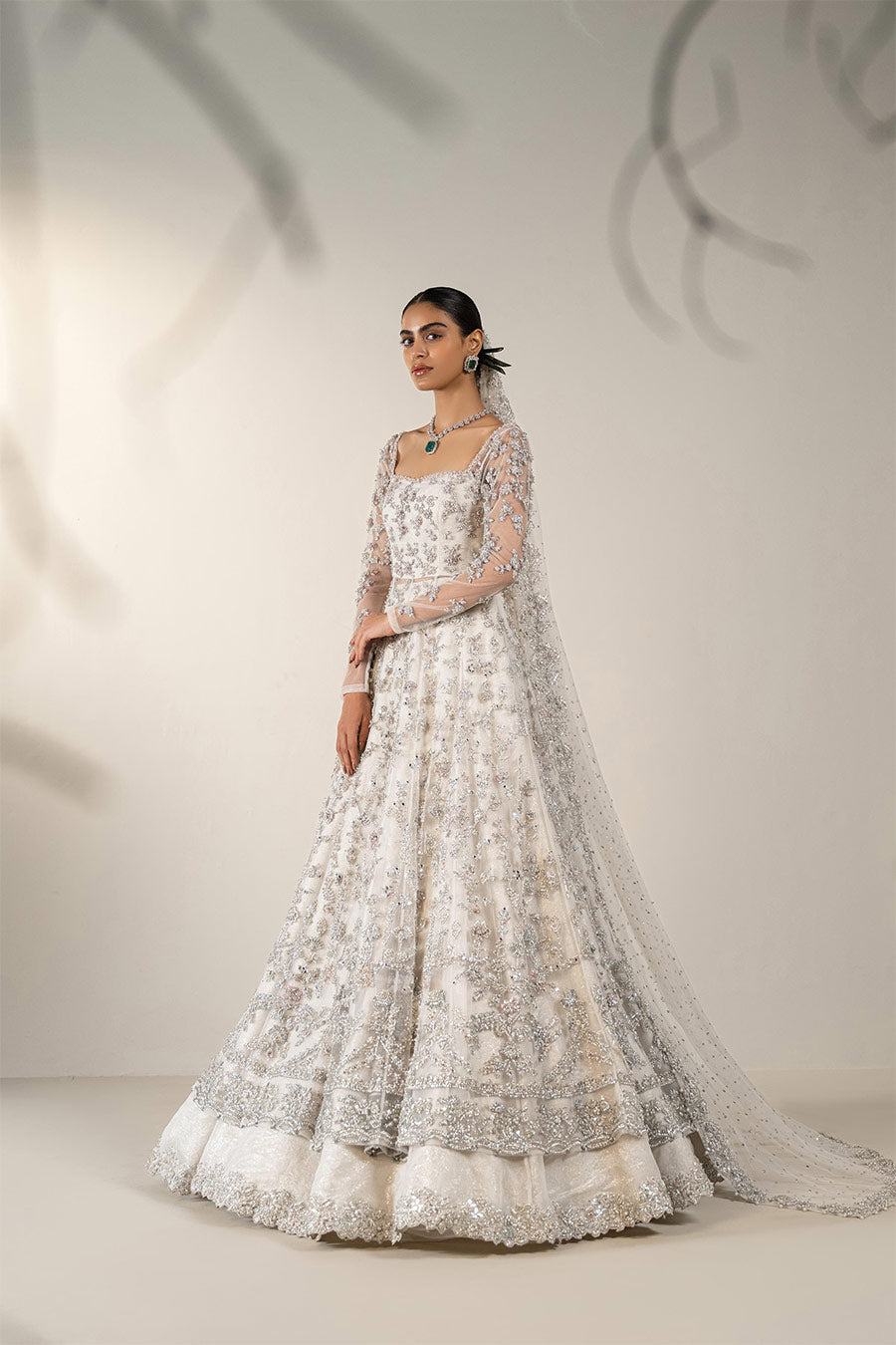 Pakistani Ivory Zardozi Net Pishwas Dress (3-Piece) - Image 1